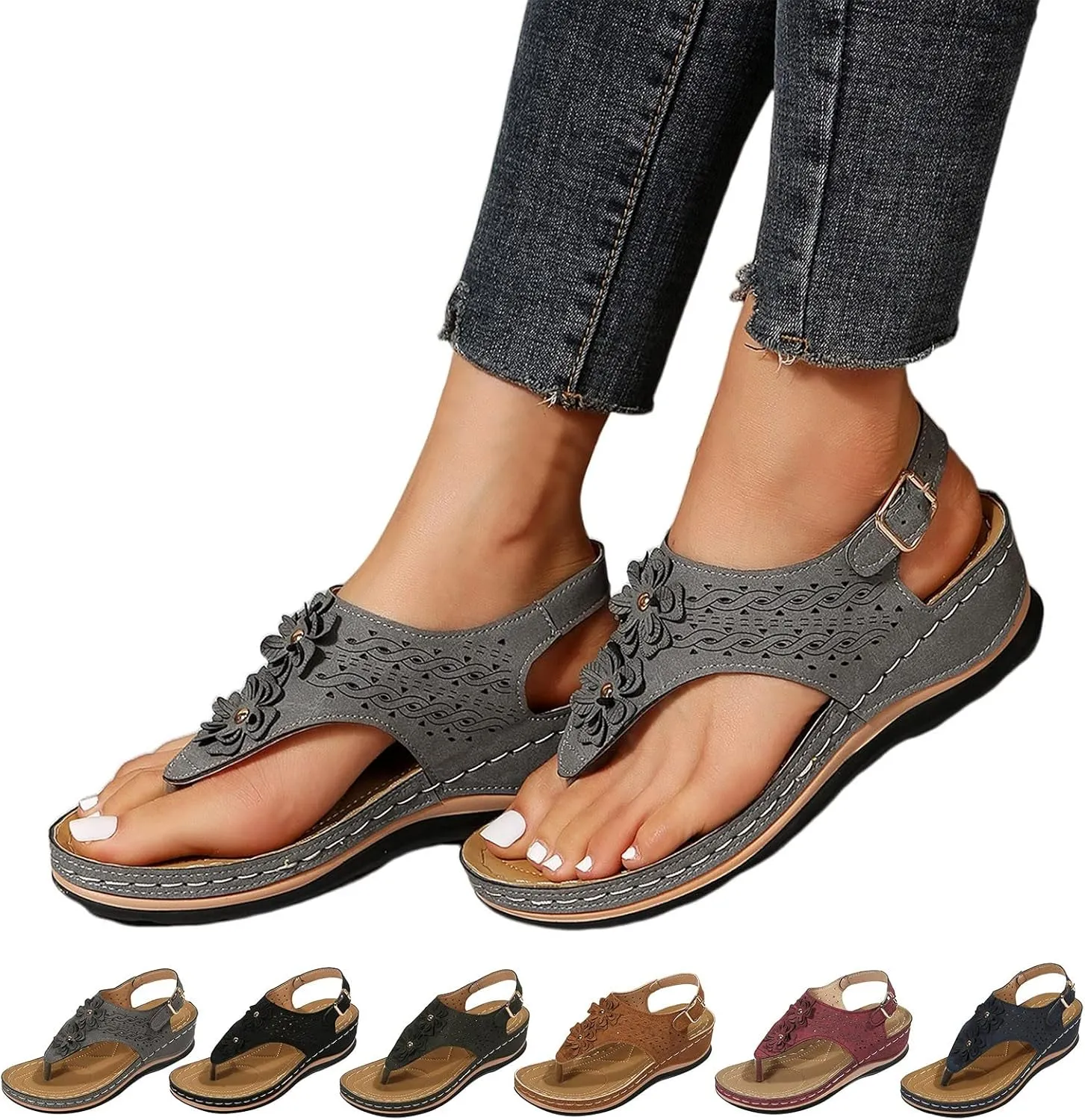 Orthopedic Sandals for Women Arch Support Orthotic Adjustable Straps Lightweight Cushion Walking Sandals Non Slip Sole Dressy Beach Footwear Summer Flip Flops for Women