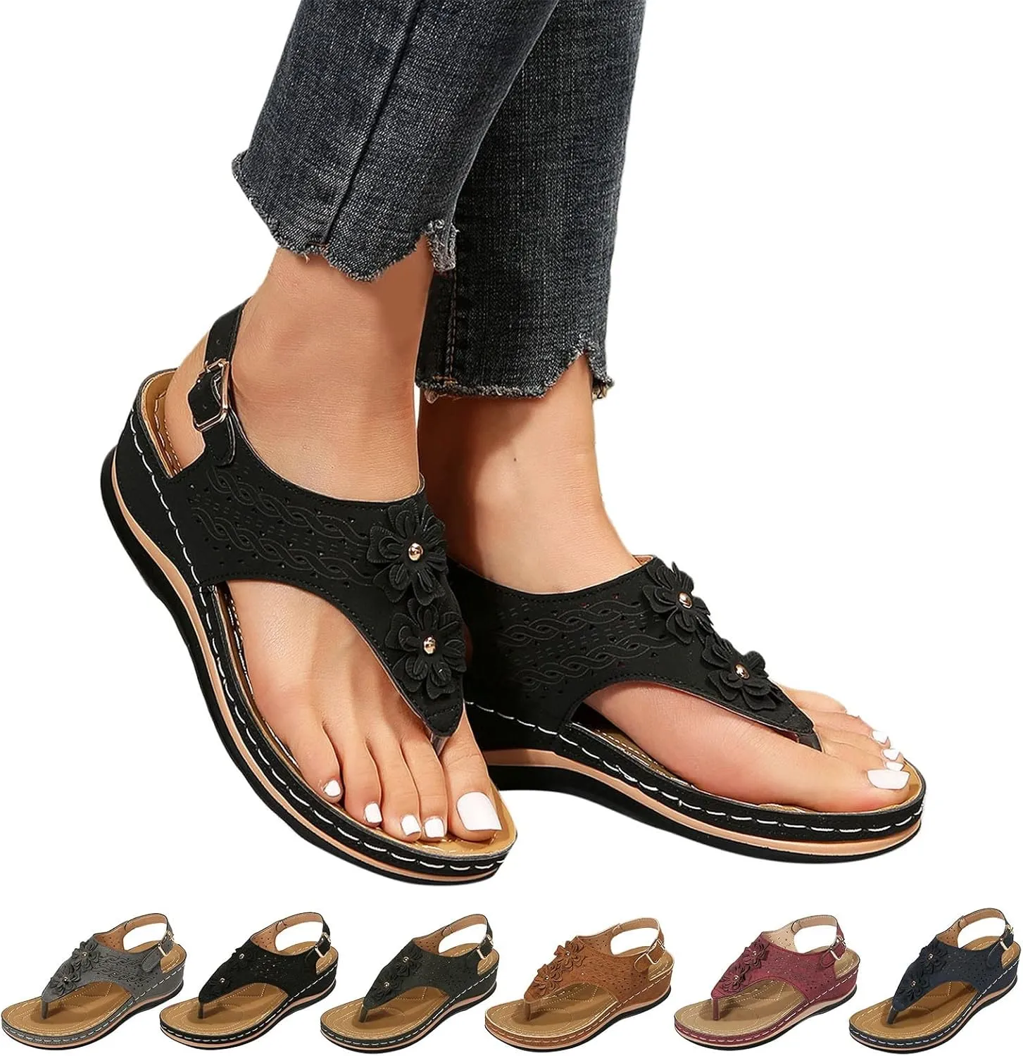 Orthopedic Sandals for Women Arch Support Orthotic Adjustable Straps Lightweight Cushion Walking Sandals Non Slip Sole Dressy Beach Footwear Summer Flip Flops for Women