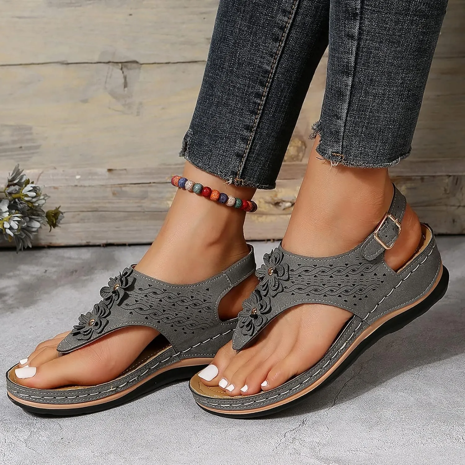 Orthopedic Sandals for Women Arch Support Orthotic Adjustable Straps Lightweight Cushion Walking Sandals Non Slip Sole Dressy Beach Footwear Summer Flip Flops for Women