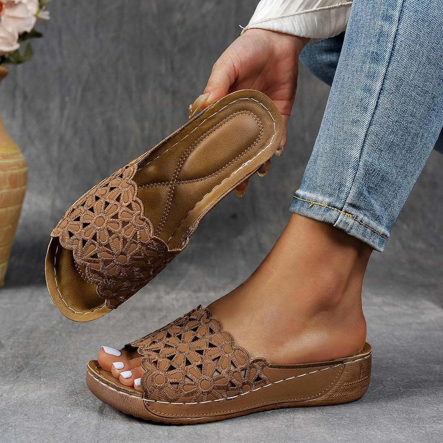 Orthopedic Sandals for Women Arch Support, Women Dressy Comfortable Wedges Slip On Walking Sandals Beach Bohemian Sandal Summer Flat Shoes Slide Sandal Casual Slippers