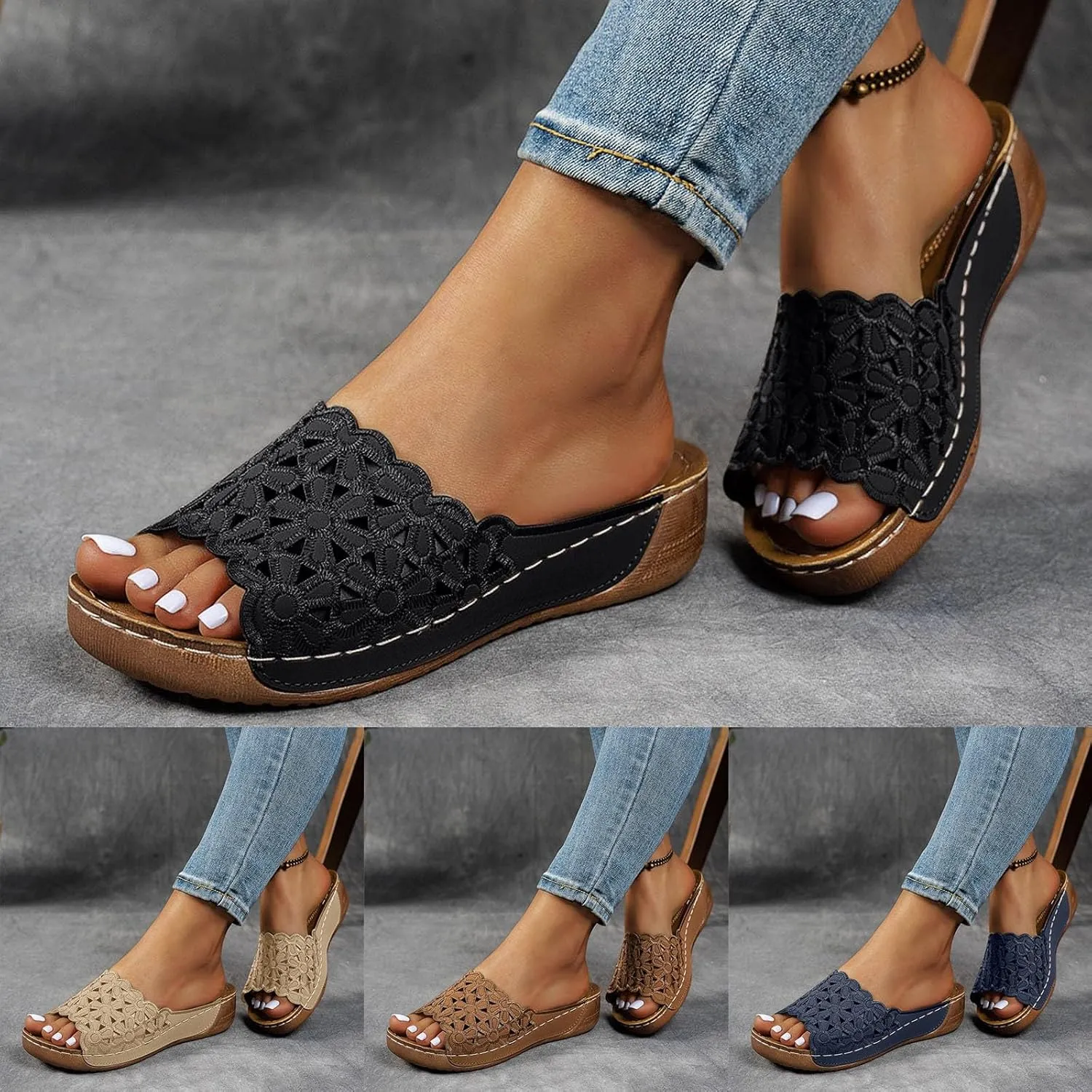 Orthopedic Sandals for Women Arch Support, Women Dressy Comfortable Wedges Slip On Walking Sandals Beach Bohemian Sandal Summer Flat Shoes Slide Sandal Casual Slippers