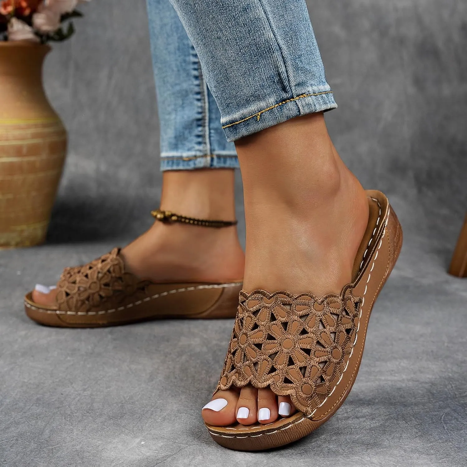 Orthopedic Sandals for Women Arch Support, Women Dressy Comfortable Wedges Slip On Walking Sandals Beach Bohemian Sandal Summer Flat Shoes Slide Sandal Casual Slippers