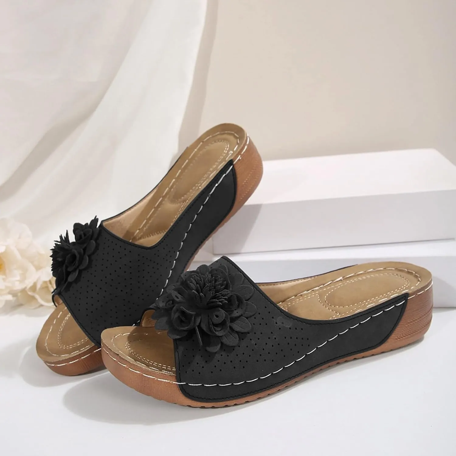 Orthopedic Sandals for Women Arch Support, Women Dressy Summer Comfortable Wedges Open Toe Slip On Sandals Wide Width Slide Sandals Bohemian Slippers