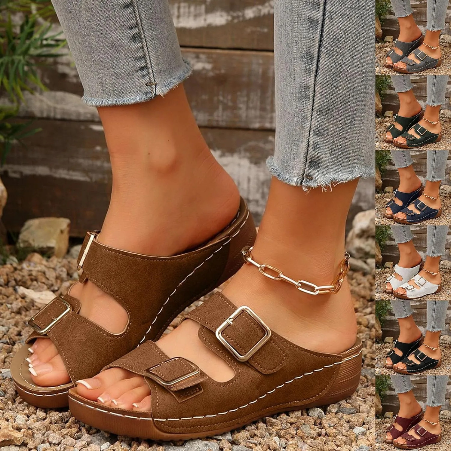 Orthopedic Sandals for Women Arch Support, Women Dressy Summer Wedges Adjustable Buckle Slip On Walking Sandals Comfortable Slides Sandal for Plantar Fasciitis