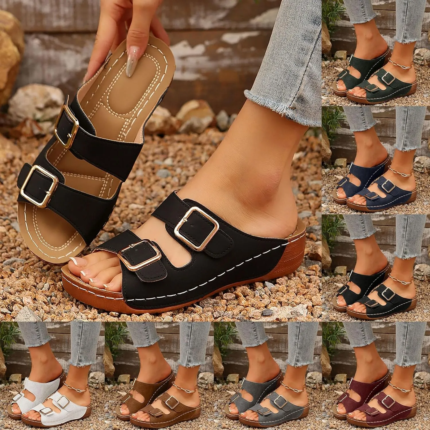 Orthopedic Sandals for Women Arch Support, Women Dressy Summer Wedges Adjustable Buckle Slip On Walking Sandals Comfortable Slides Sandal for Plantar Fasciitis