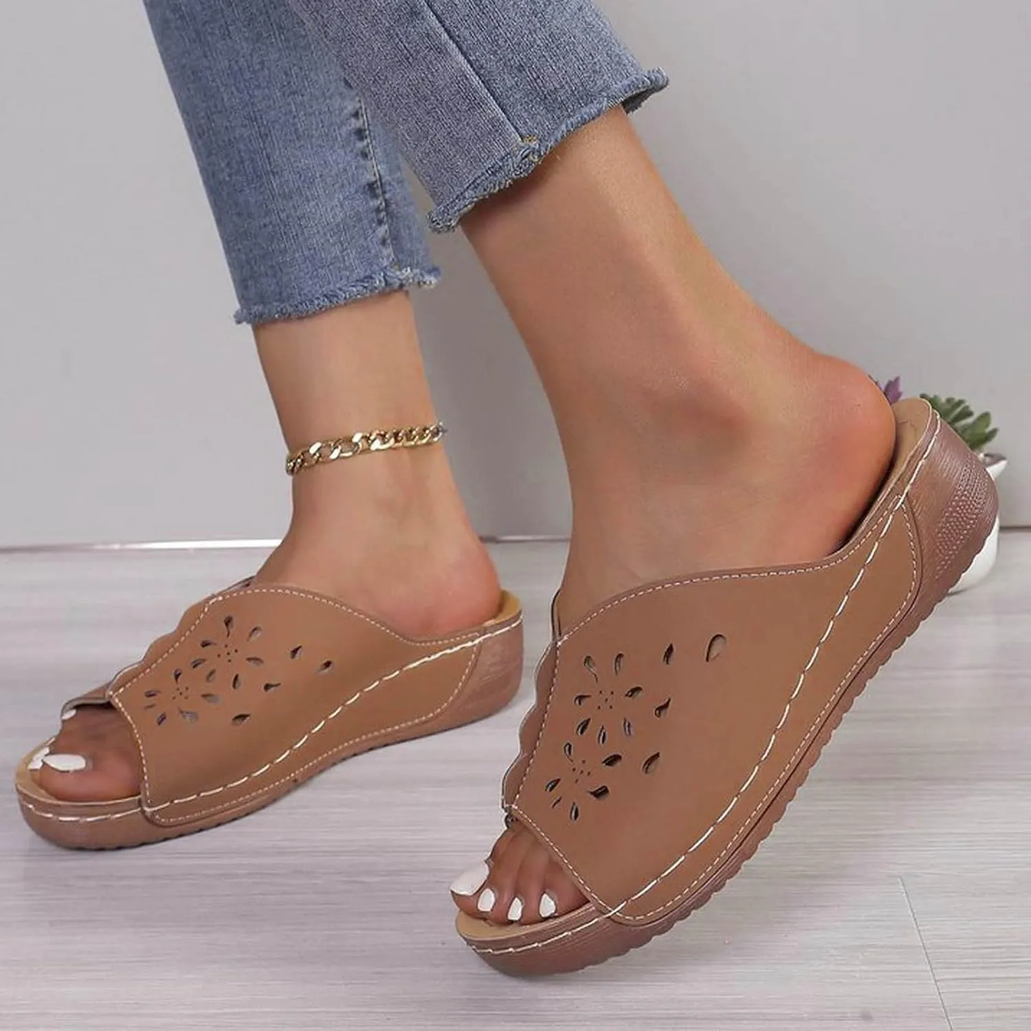 Orthopedic Sandals for Women Summer Hollow Out Wedge Sandals Fish Mouth Leather Platform Wedges, Open Toe Breathable Slippers Comfortable Slip on Walking Slippers