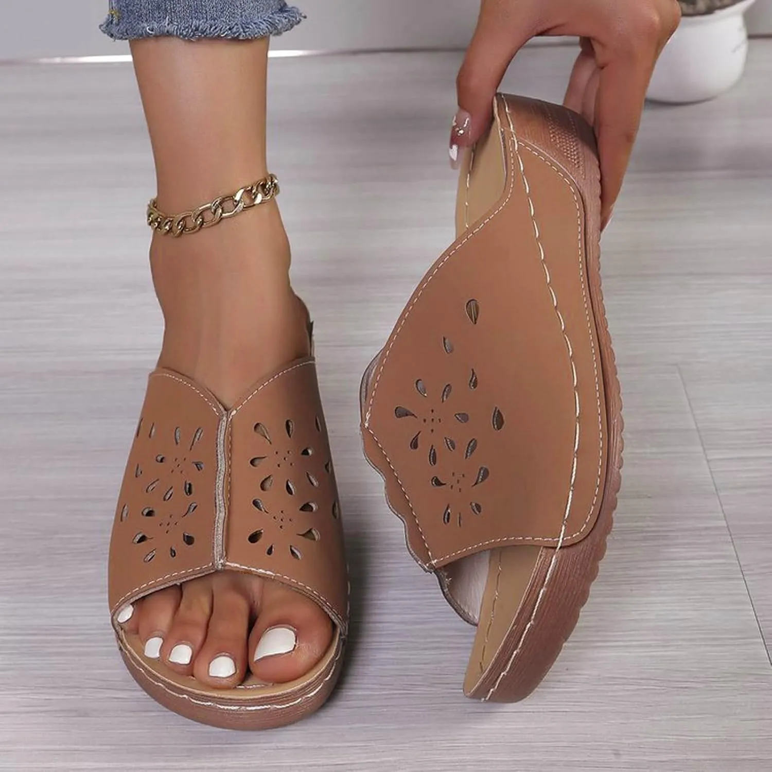 Orthopedic Sandals for Women Summer Hollow Out Wedge Sandals Fish Mouth Leather Platform Wedges, Open Toe Breathable Slippers Comfortable Slip on Walking Slippers