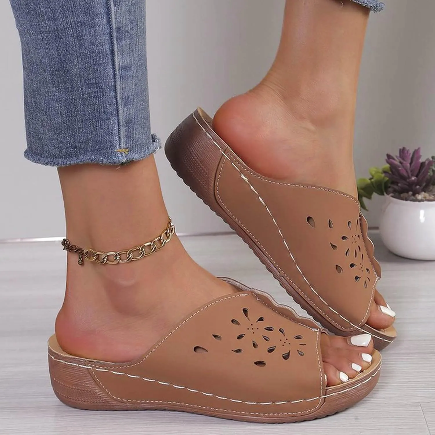 Orthopedic Sandals for Women Summer Hollow Out Wedge Sandals Fish Mouth Leather Platform Wedges, Open Toe Breathable Slippers Comfortable Slip on Walking Slippers