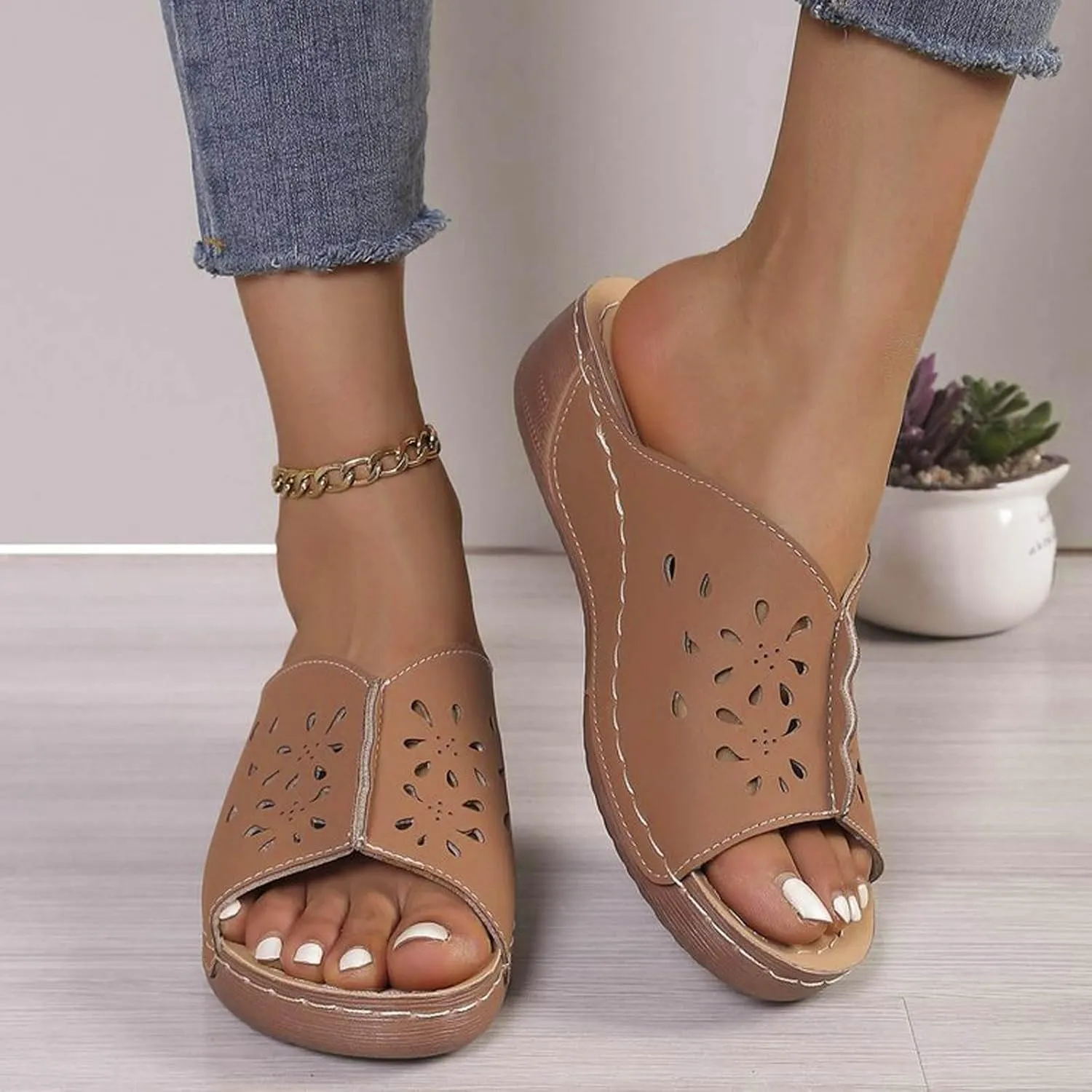 Orthopedic Sandals for Women Summer Hollow Out Wedge Sandals Fish Mouth Leather Platform Wedges, Open Toe Breathable Slippers Comfortable Slip on Walking Slippers