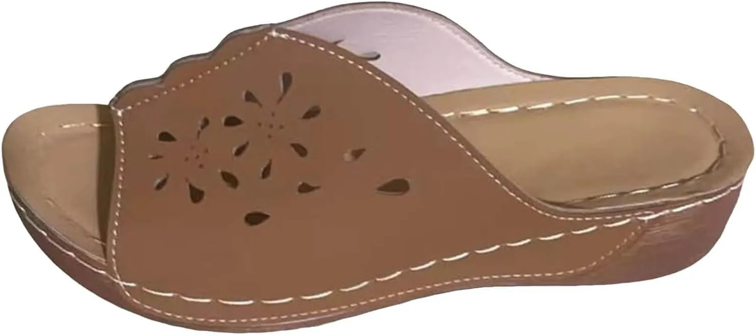 Orthopedic Sandals for Women Summer Hollow Out Wedge Sandals Fish Mouth Leather Platform Wedges, Open Toe Breathable Slippers Comfortable Slip on Walking Slippers