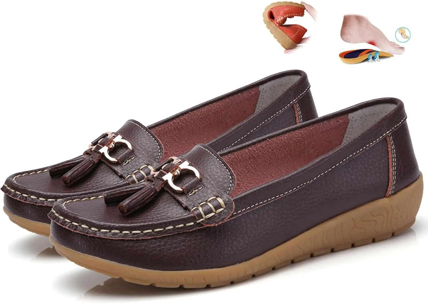 Orthopedic Women Breathable Leather Loafers Slip On Comfortable Walking Shoes for Work Casual Wear with Arch