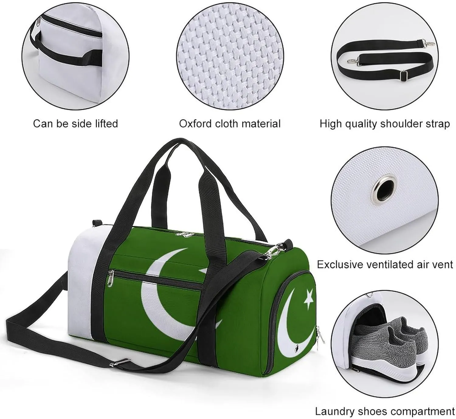 Pakistan Flag Gym Duffel Bag for Boys Girls Waterproof with Shoe Compartment