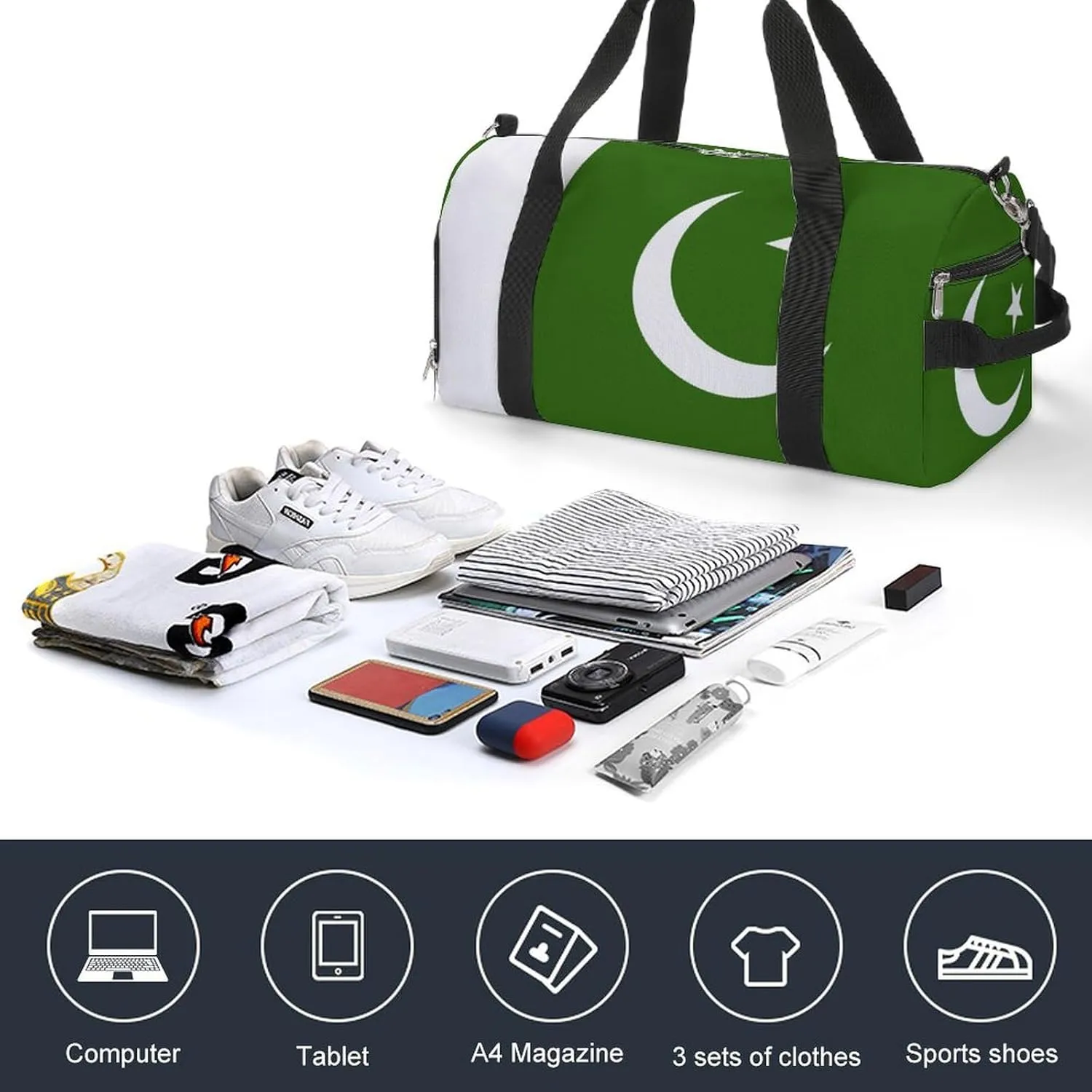Pakistan Flag Gym Duffel Bag for Boys Girls Waterproof with Shoe Compartment