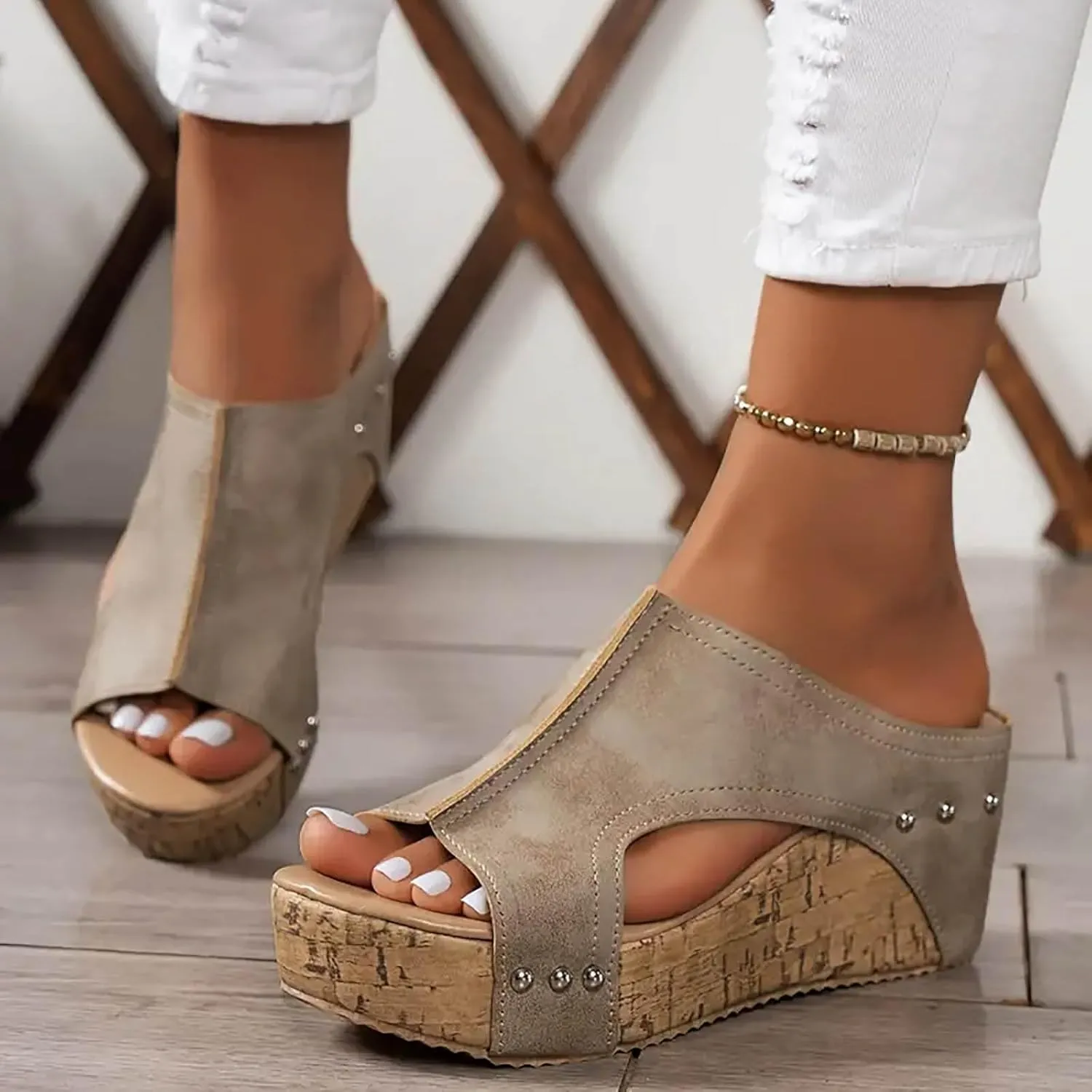 Platform Wedge Sandals for Women 2025 Comfortable Open Toe Thick Sole Comfy Leather Sandals Orthopedic Wedges Ladies Shoes Slip on Slides Low Heel Open Toe Ankle Strap Sandal 2025