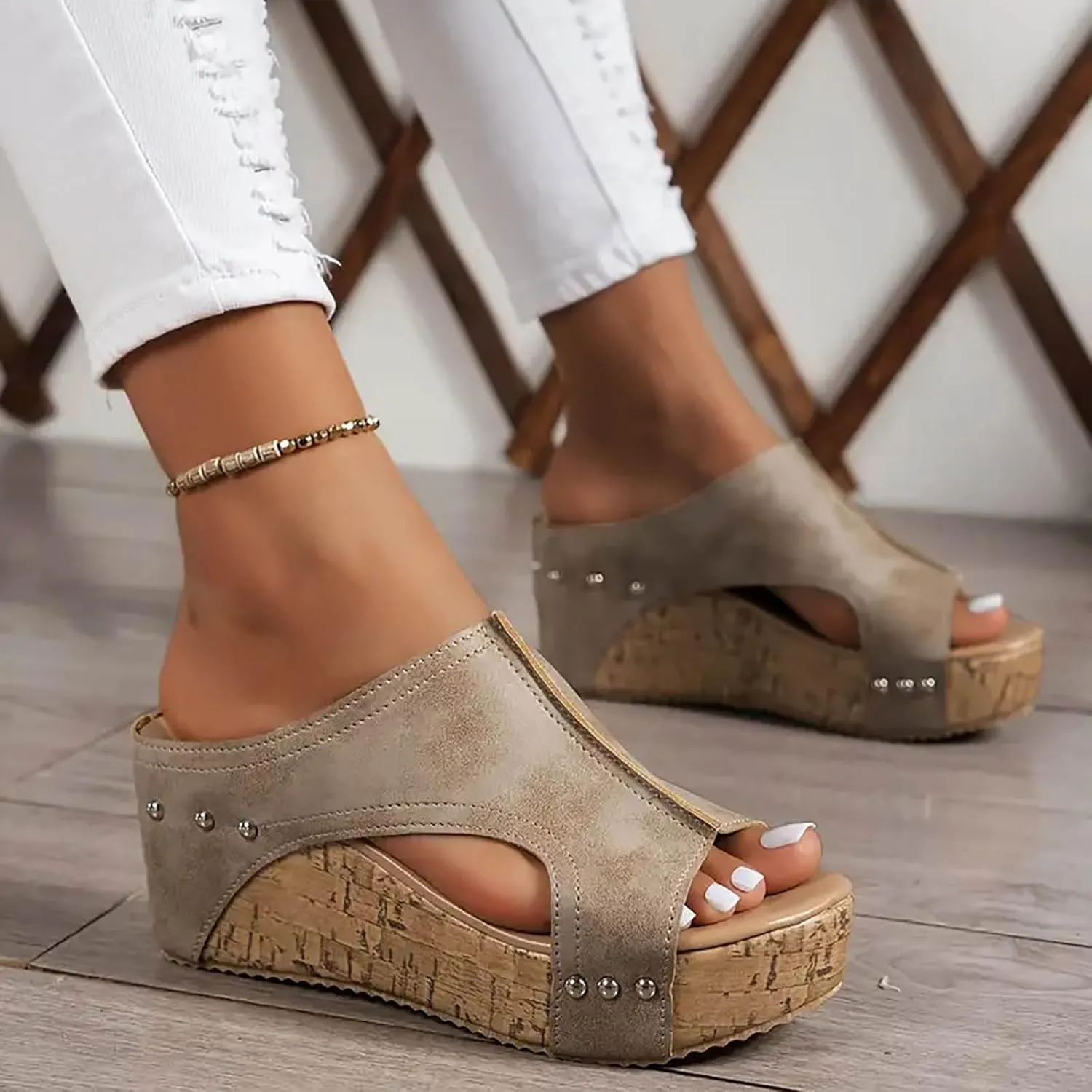Platform Wedge Sandals for Women 2025 Comfortable Open Toe Thick Sole Comfy Leather Sandals Orthopedic Wedges Ladies Shoes Slip on Slides Low Heel Open Toe Ankle Strap Sandal 2025