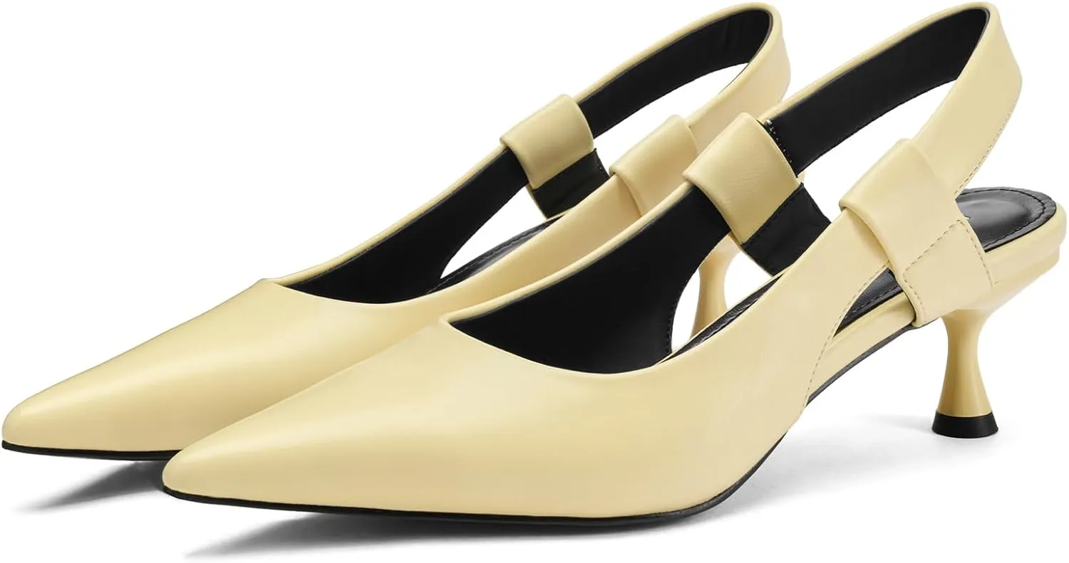 Pointed Toe Slingback Kitten Heels for Women, Leather Stiletto Heel Pumps with Elastic Strap Elegant Bridal Heel Dating Party Work Office Backless Pumps Shoes