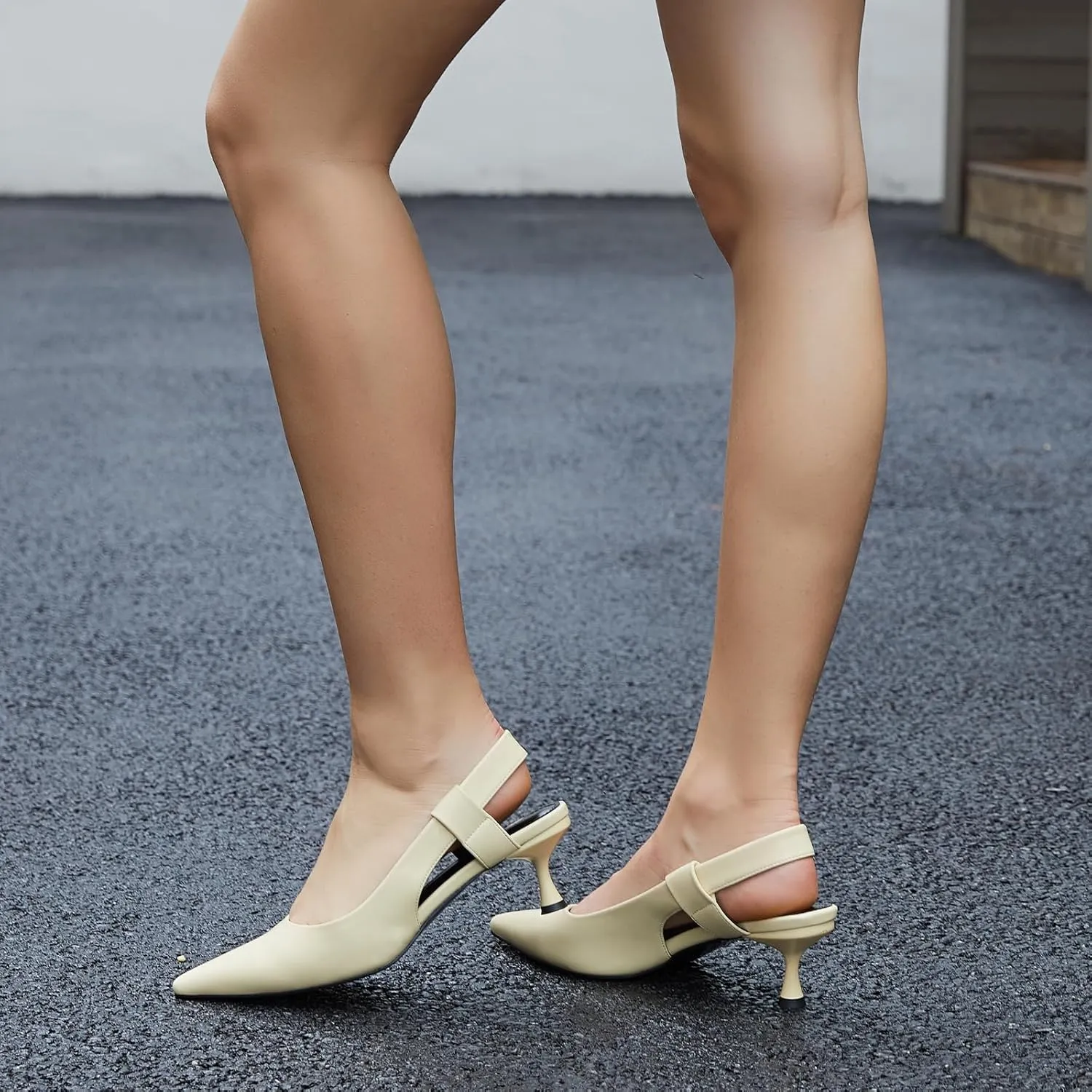 Pointed Toe Slingback Kitten Heels for Women, Leather Stiletto Heel Pumps with Elastic Strap Elegant Bridal Heel Dating Party Work Office Backless Pumps Shoes