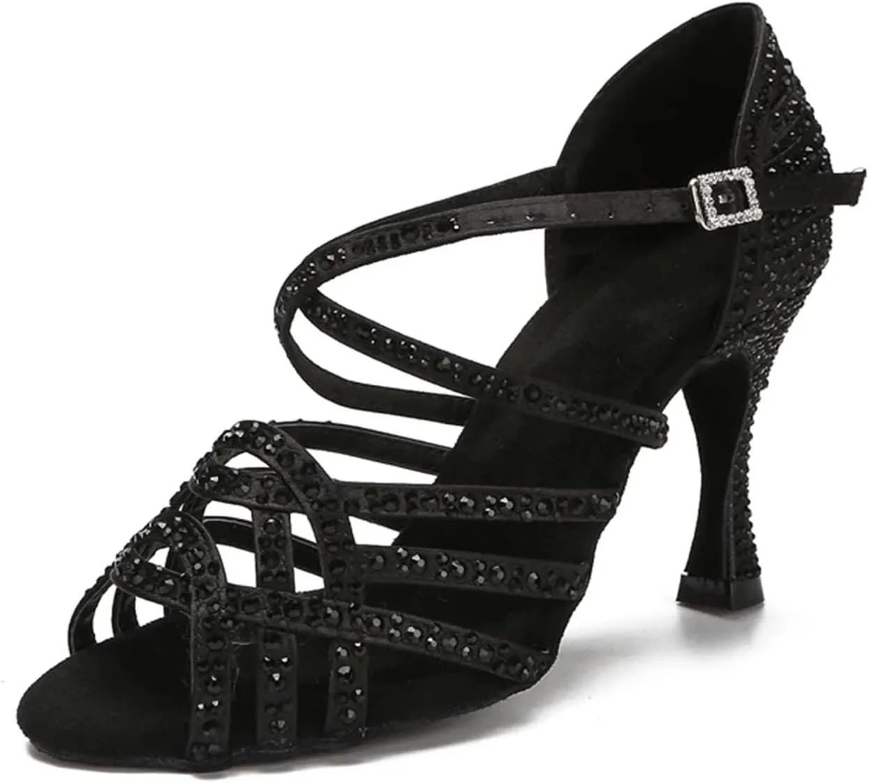 Purple/Black Dance Sandals - Rhinestone Ballroom Training Heels (9CM/3.54")