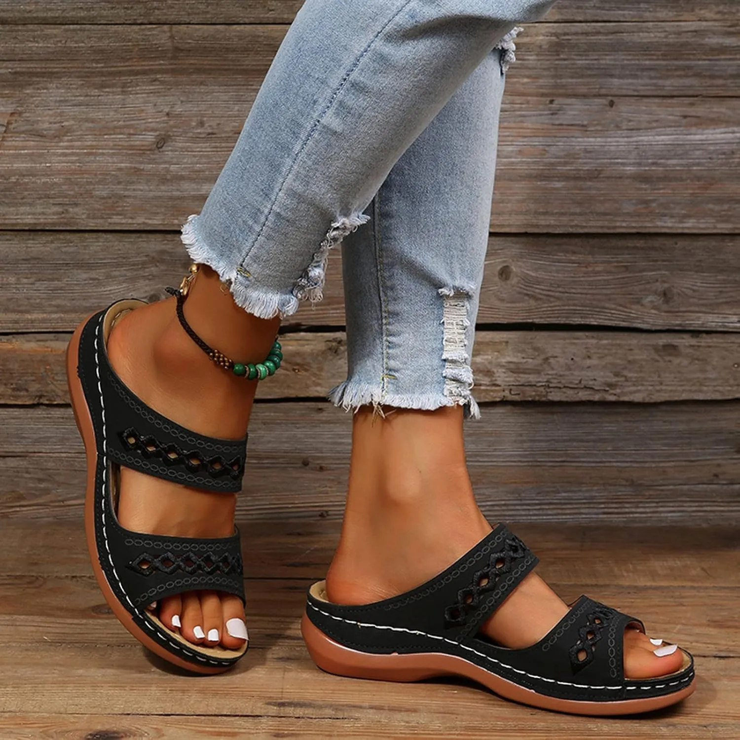 Sandals for Women Low Heel Dressy Sandals with Arch Support Breathable Hollow Hot Summer Casual Shoe
