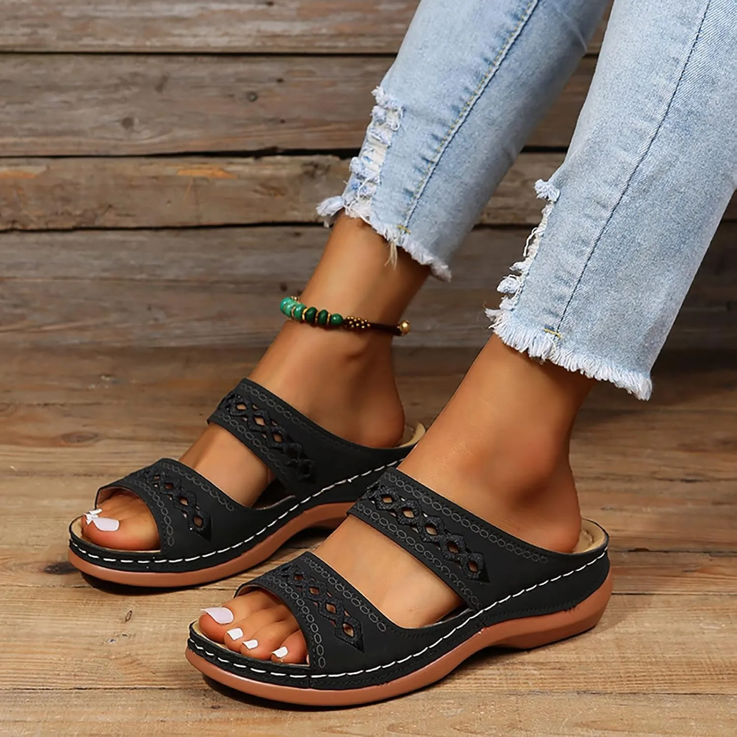 Sandals for Women Low Heel Dressy Sandals with Arch Support Breathable Hollow Hot Summer Casual Shoe