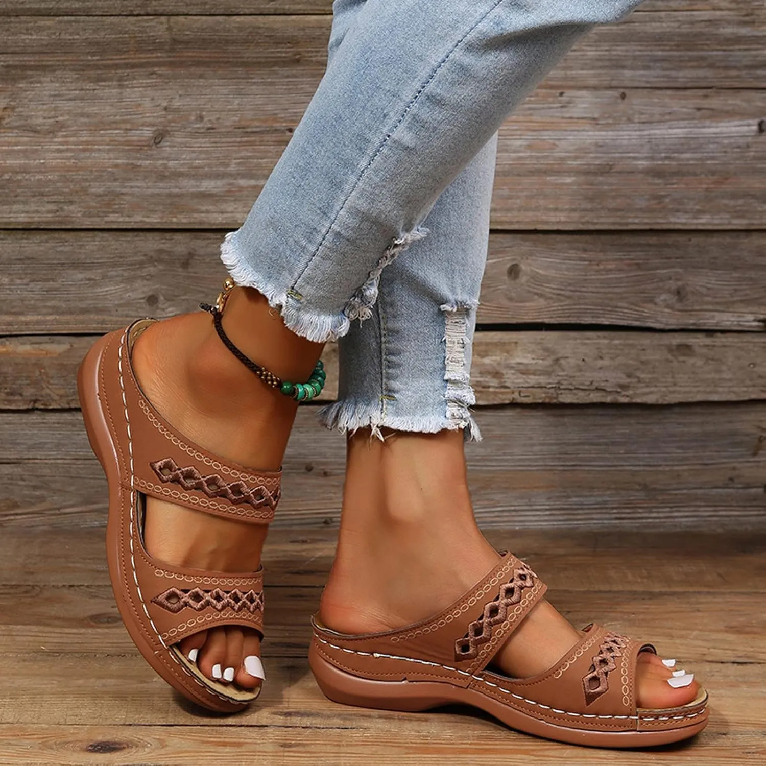 Sandals for Women Low Heel Dressy Sandals with Arch Support Breathable Hollow Hot Summer Casual Shoe