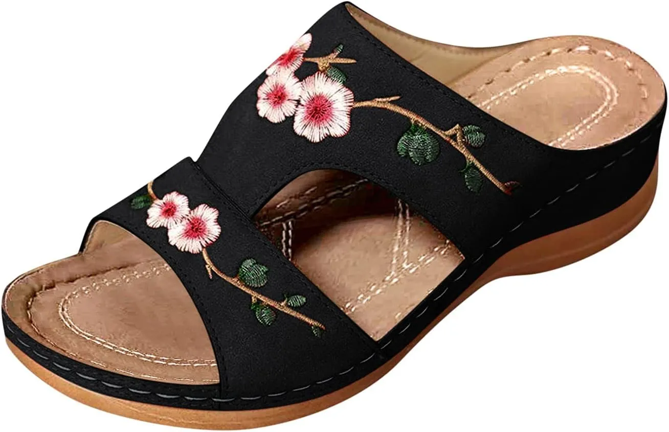Sandals Ladies Heel Women's Flower Embroidery Shoes Fashion Wedge Summer Women's Arch Support Slippers