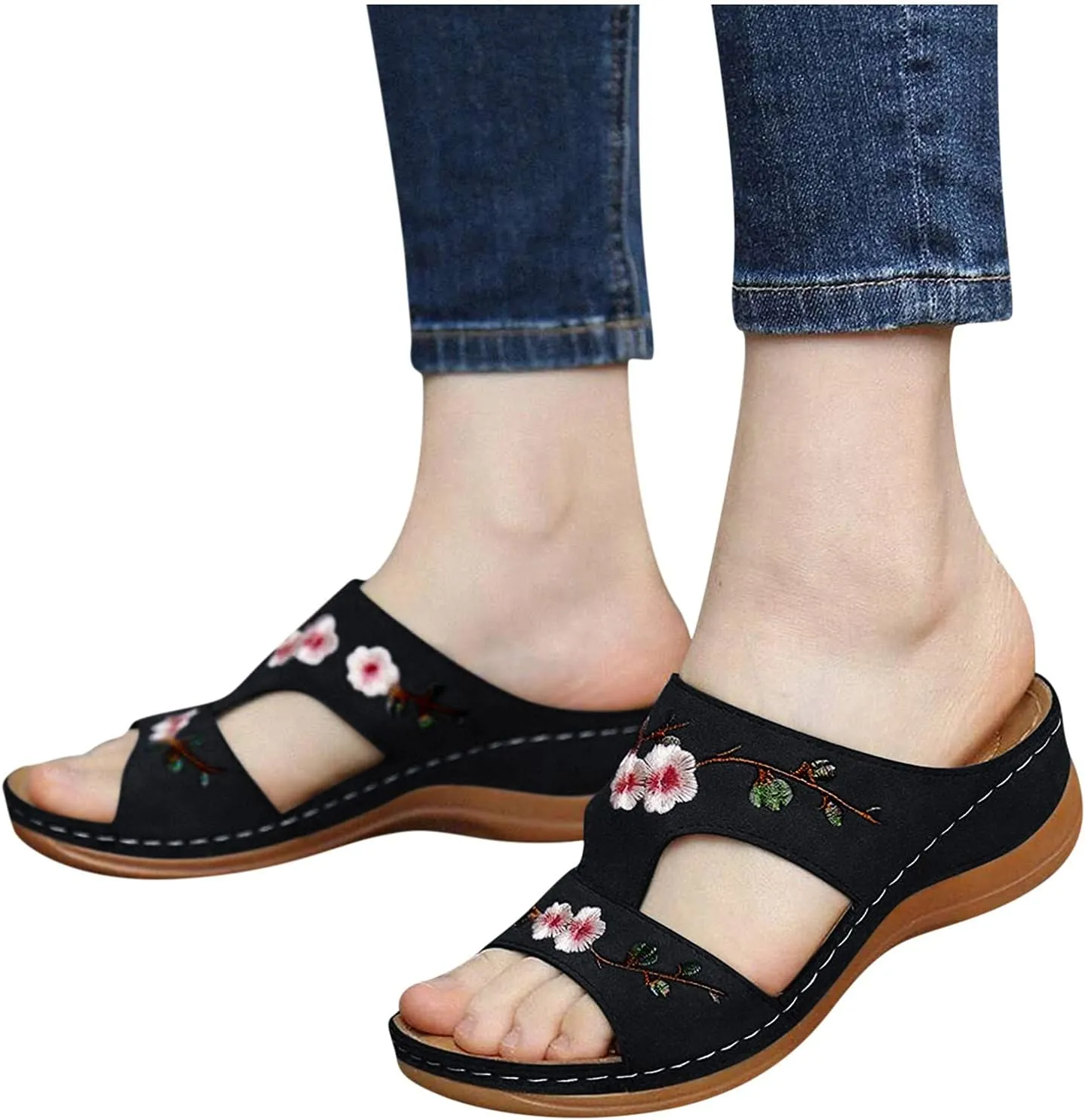 Sandals Ladies Heel Women's Flower Embroidery Shoes Fashion Wedge Summer Women's Arch Support Slippers