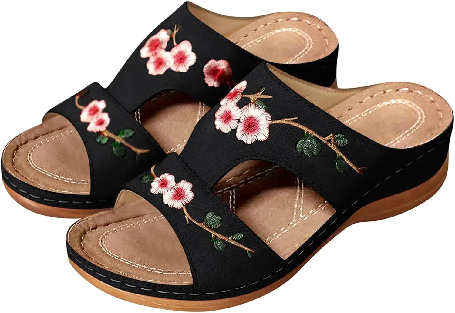 Sandals Ladies Heel Women's Flower Embroidery Shoes Fashion Wedge Summer Women's Arch Support Slippers