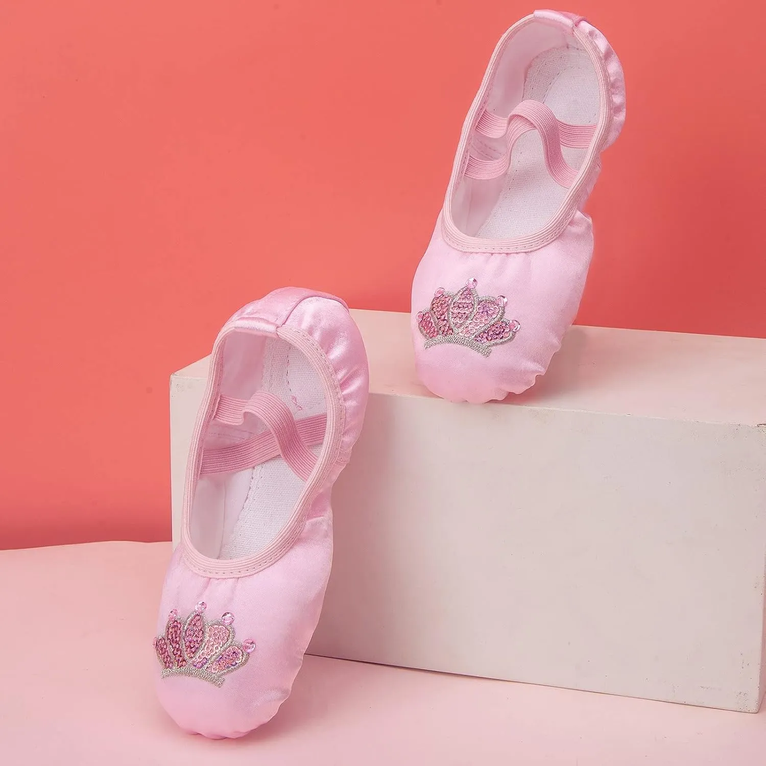Satin Ballet Dance Shoes for Kids Girl Boy Split-Sole Flat Dance Practice Slippers with Elastic Laces for Yoga