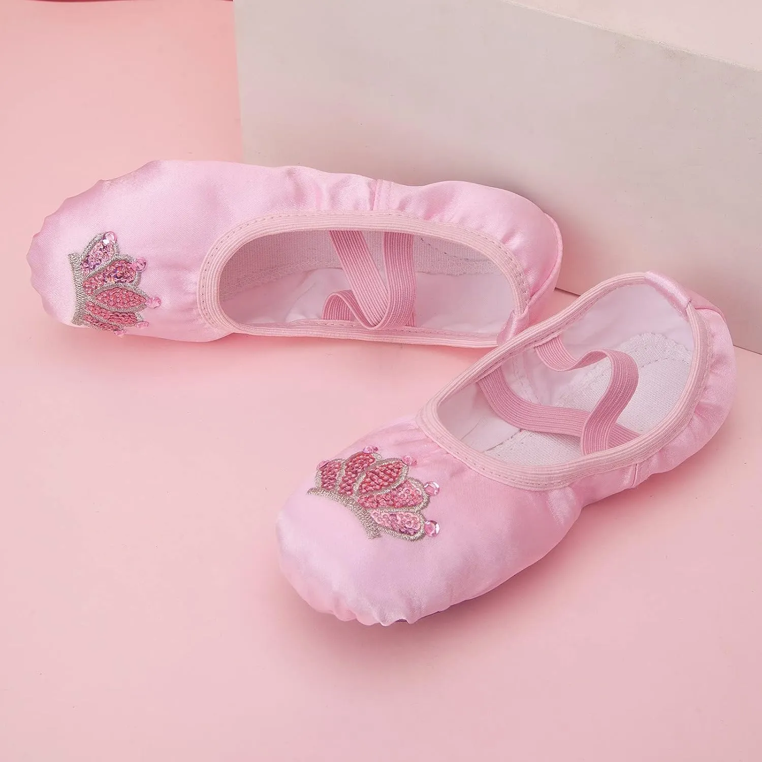 Satin Ballet Dance Shoes for Kids Girl Boy Split-Sole Flat Dance Practice Slippers with Elastic Laces for Yoga