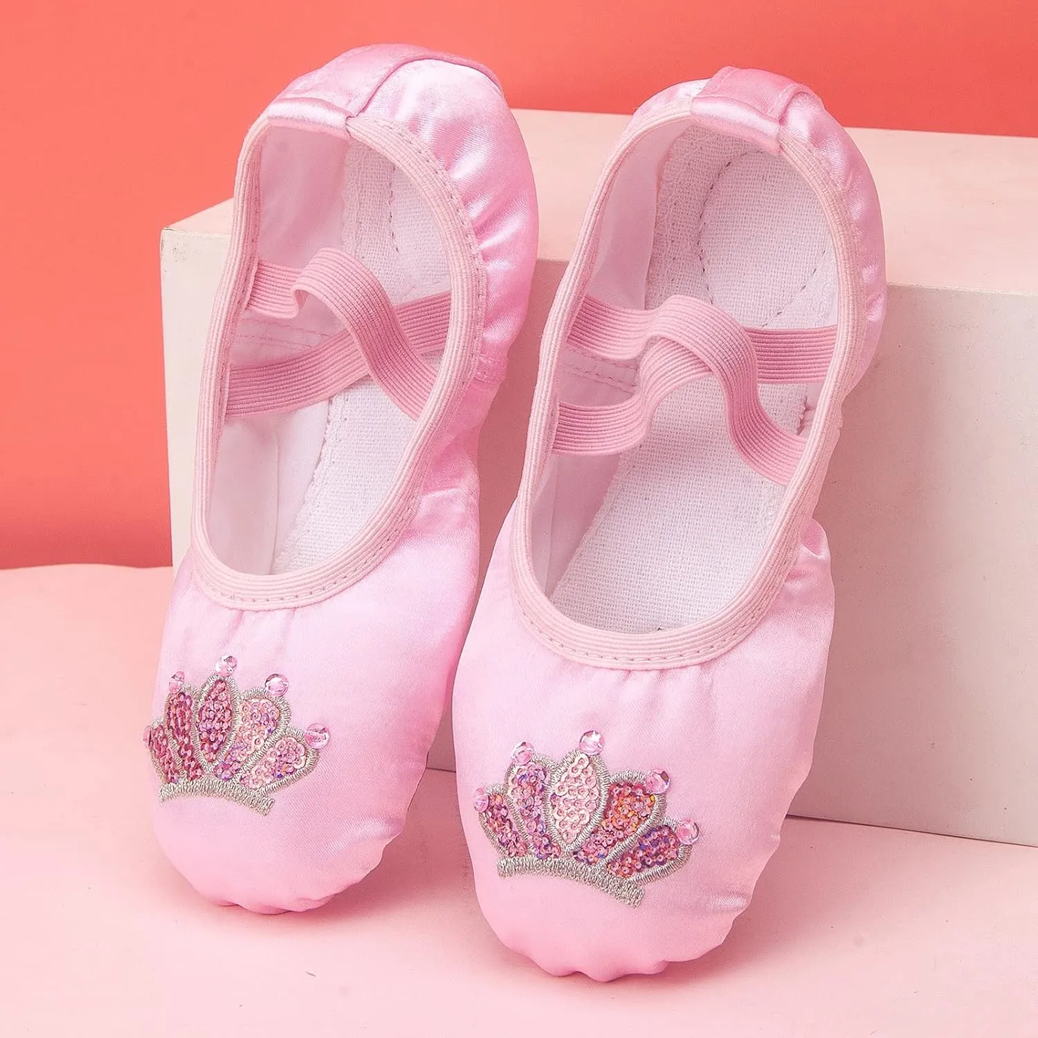 Satin Ballet Dance Shoes for Kids Girl Boy Split-Sole Flat Dance Practice Slippers with Elastic Laces for Yoga