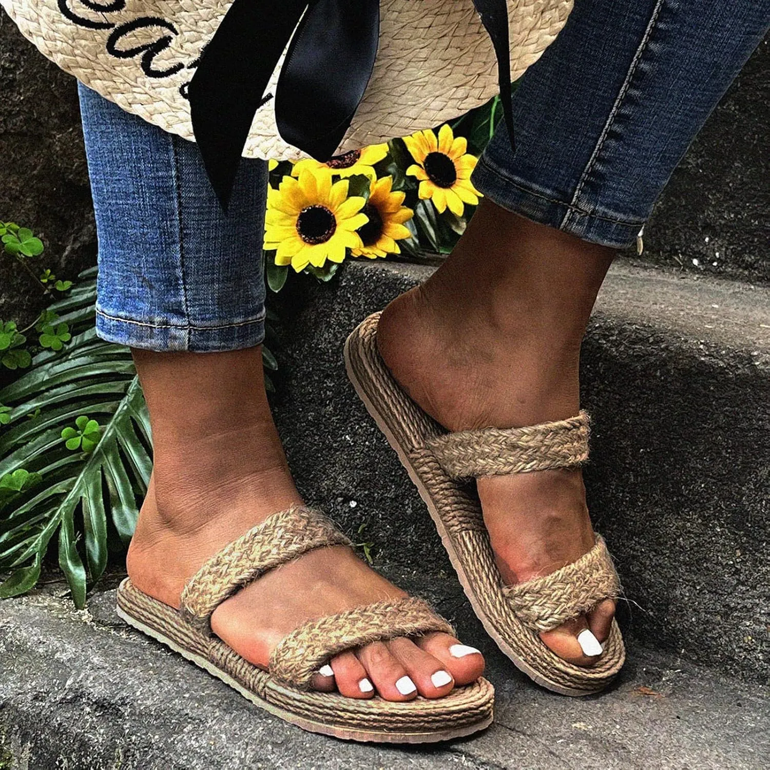 Slippers Linen Straw Beach Flat Casual Girls Shoes Bottom Slippers Sandals for Women Mens Casual Shoes