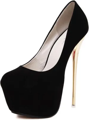Solid Color Suede Women's High Heels Platform Pumps Slip On Sexy Round Toe Stilettos 6.3" Inch Heel Classic Dress Party Shoes