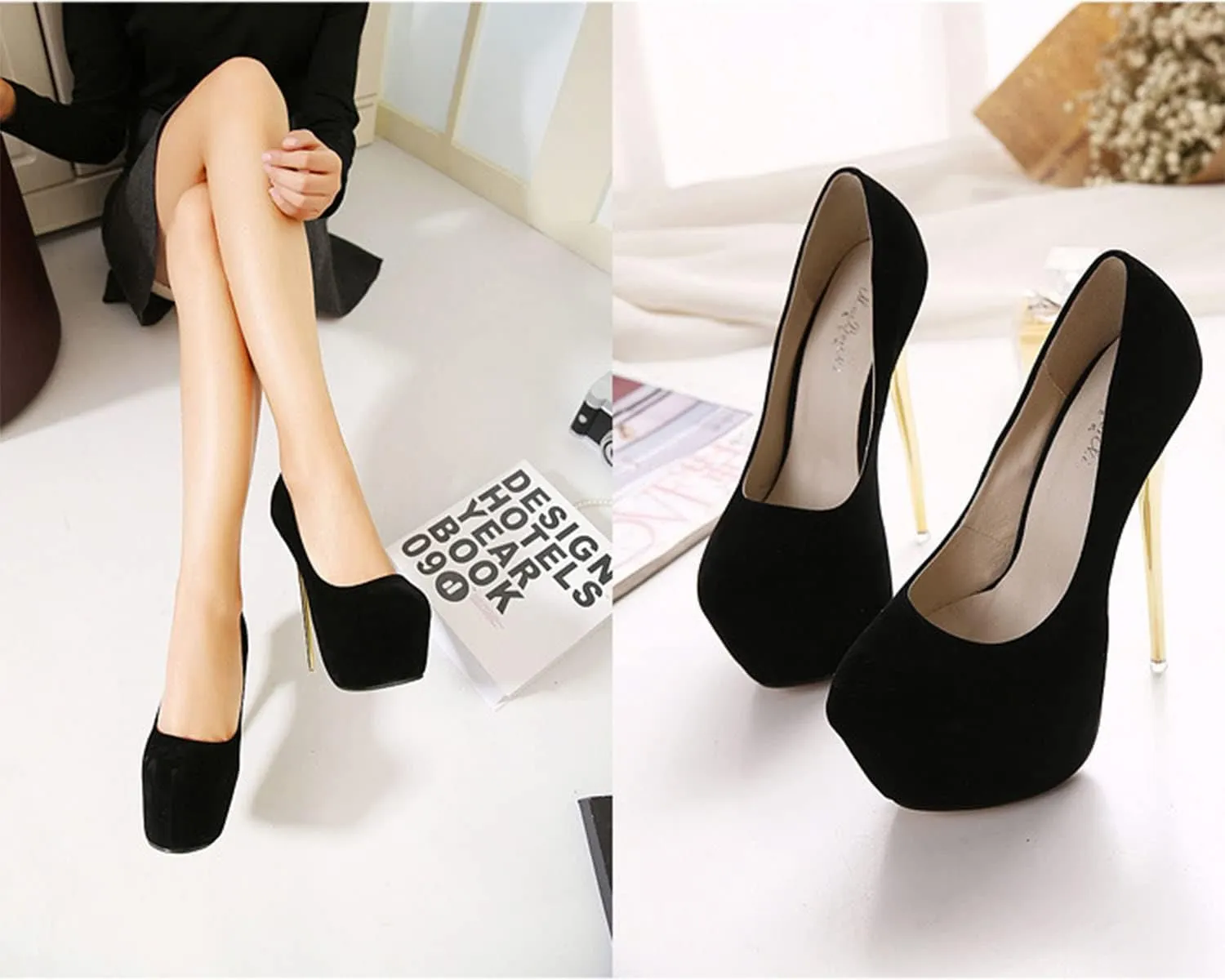 Solid Color Suede Women's High Heels Platform Pumps Slip On Sexy Round Toe Stilettos 6.3" Inch Heel Classic Dress Party Shoes