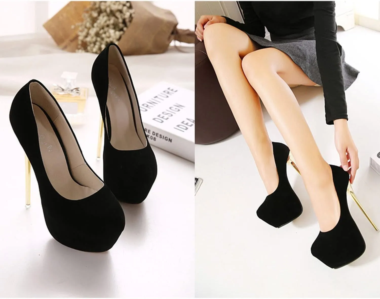 Solid Color Suede Women's High Heels Platform Pumps Slip On Sexy Round Toe Stilettos 6.3" Inch Heel Classic Dress Party Shoes