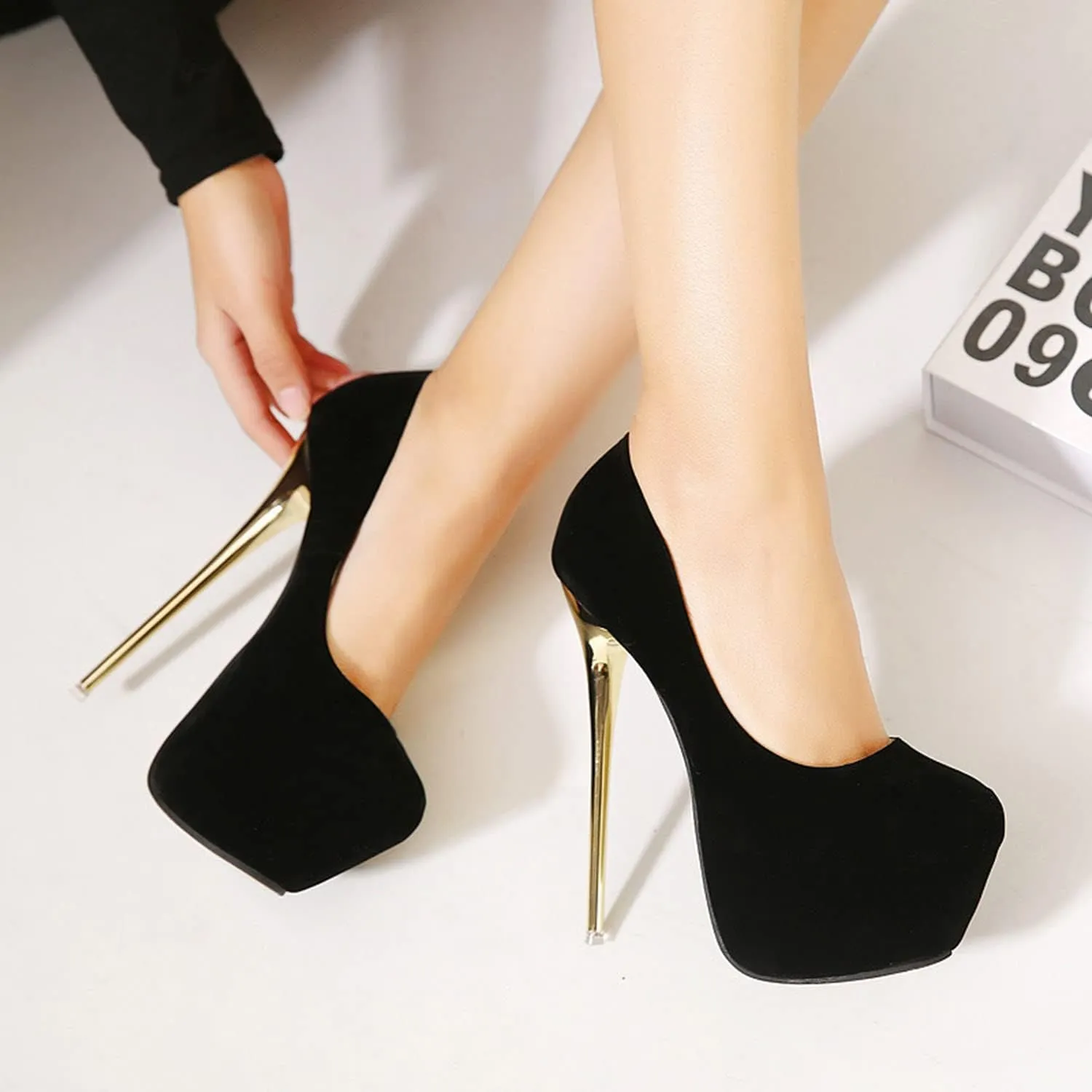 Solid Color Suede Women's High Heels Platform Pumps Slip On Sexy Round Toe Stilettos 6.3" Inch Heel Classic Dress Party Shoes