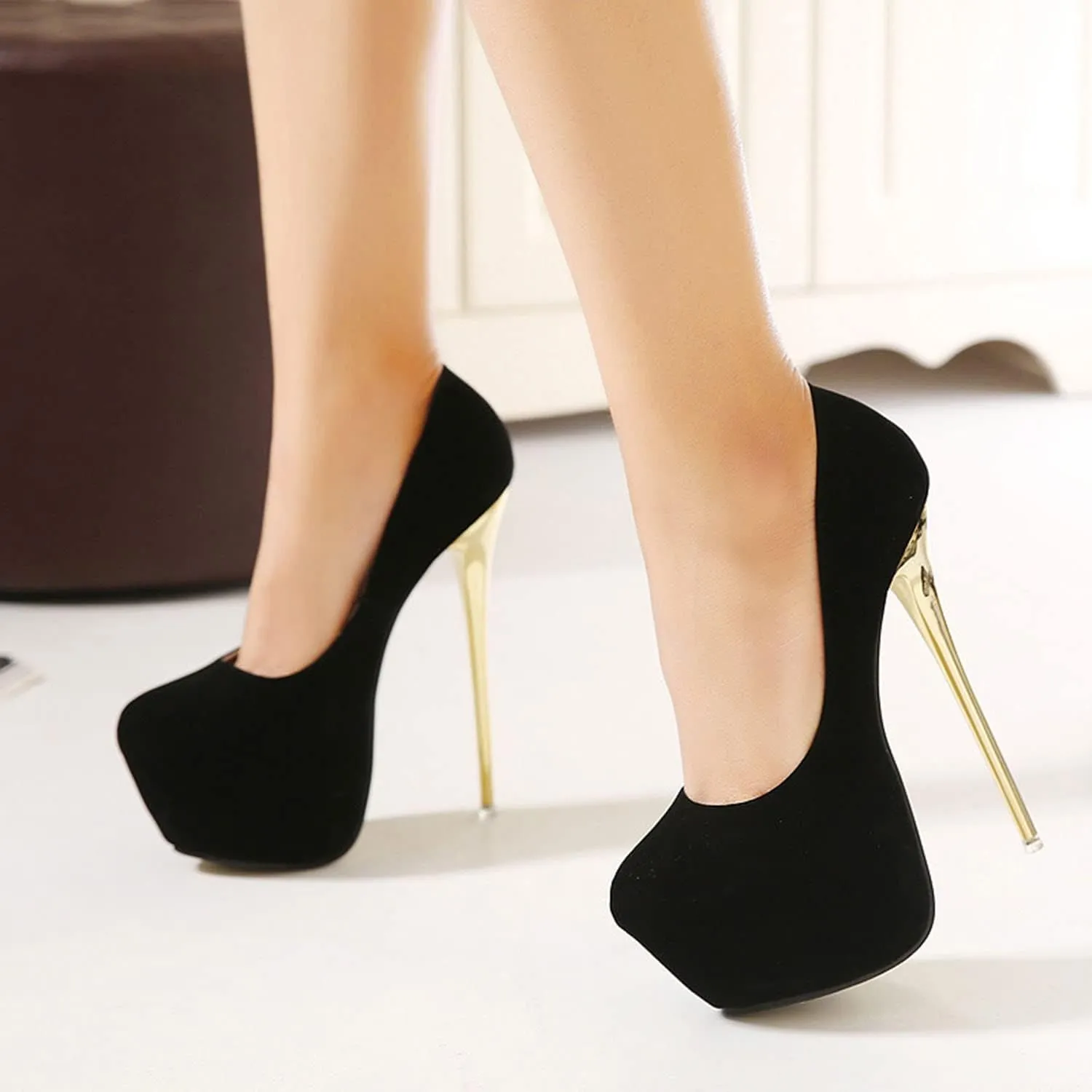 Solid Color Suede Women's High Heels Platform Pumps Slip On Sexy Round Toe Stilettos 6.3" Inch Heel Classic Dress Party Shoes