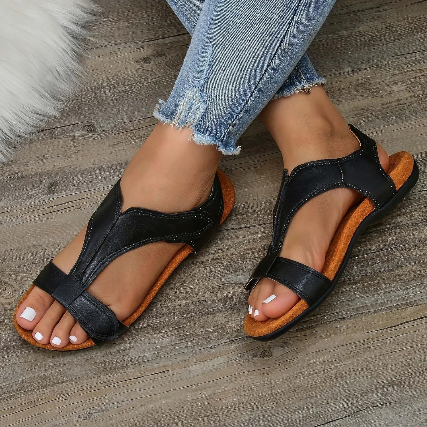SuanlaTDS Women's Flat Orthopedic Sandals 2025 Summer Slides Slip-on Arch Support Comfortable Beach Walking Shoes Open Toe Bohemian Low Heel Dressy Flats Sandal with Adjustable Ankle Strap