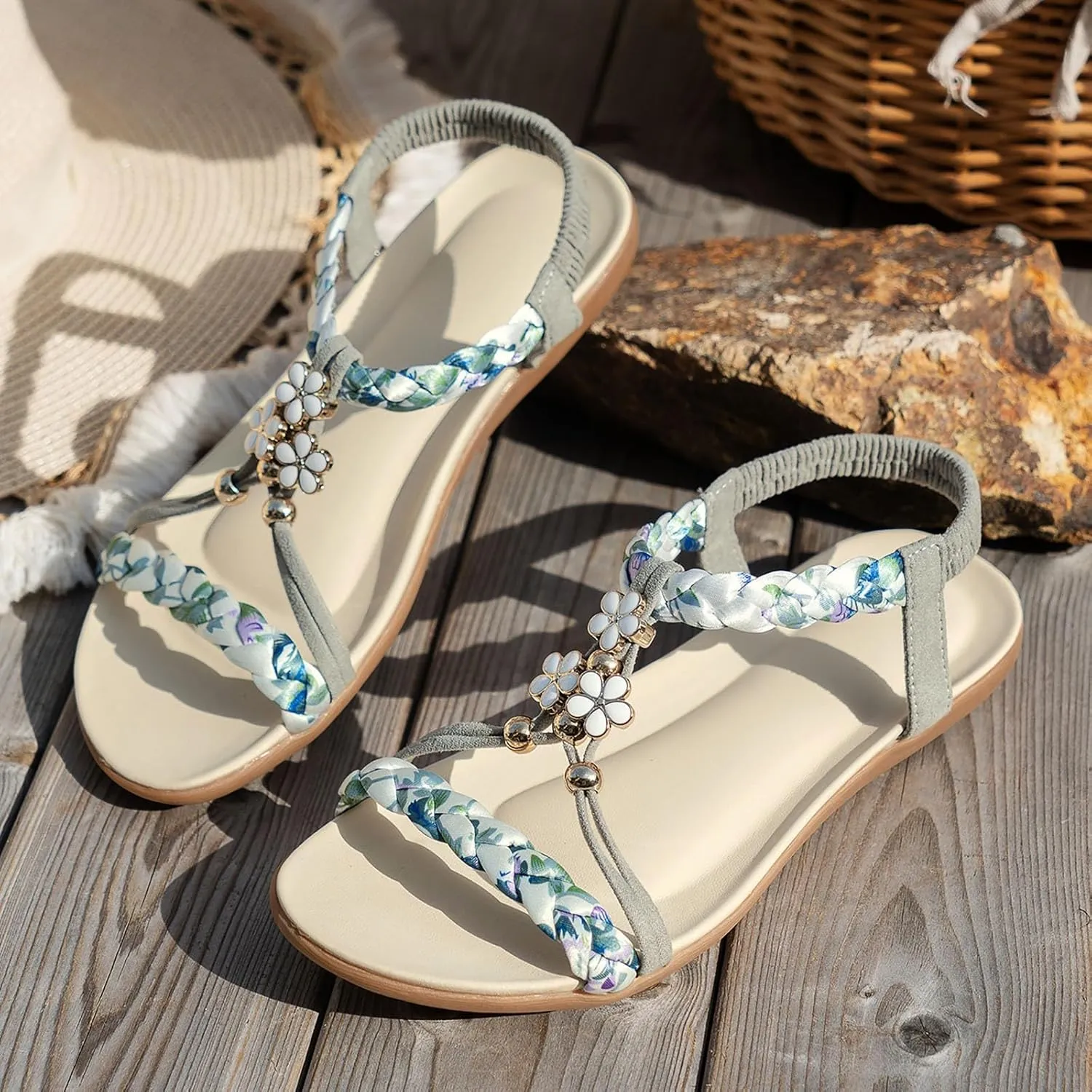 SuanlaTDS Women's Flat Sandals Comfortable Dressy Elastic Ankle Strap Slip-on Orthopedic 2025 Summer Casual Beach Shoes Thick Sole Bohemian Open Toe Walking Party Outdoor Slides Sandal
