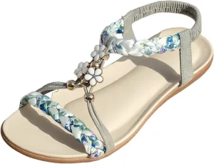 SuanlaTDS Women's Flat Sandals Comfortable Dressy Elastic Ankle Strap Slip-on Orthopedic 2025 Summer Casual Beach Shoes Thick Sole Bohemian Open Toe Walking Party Outdoor Slides Sandal