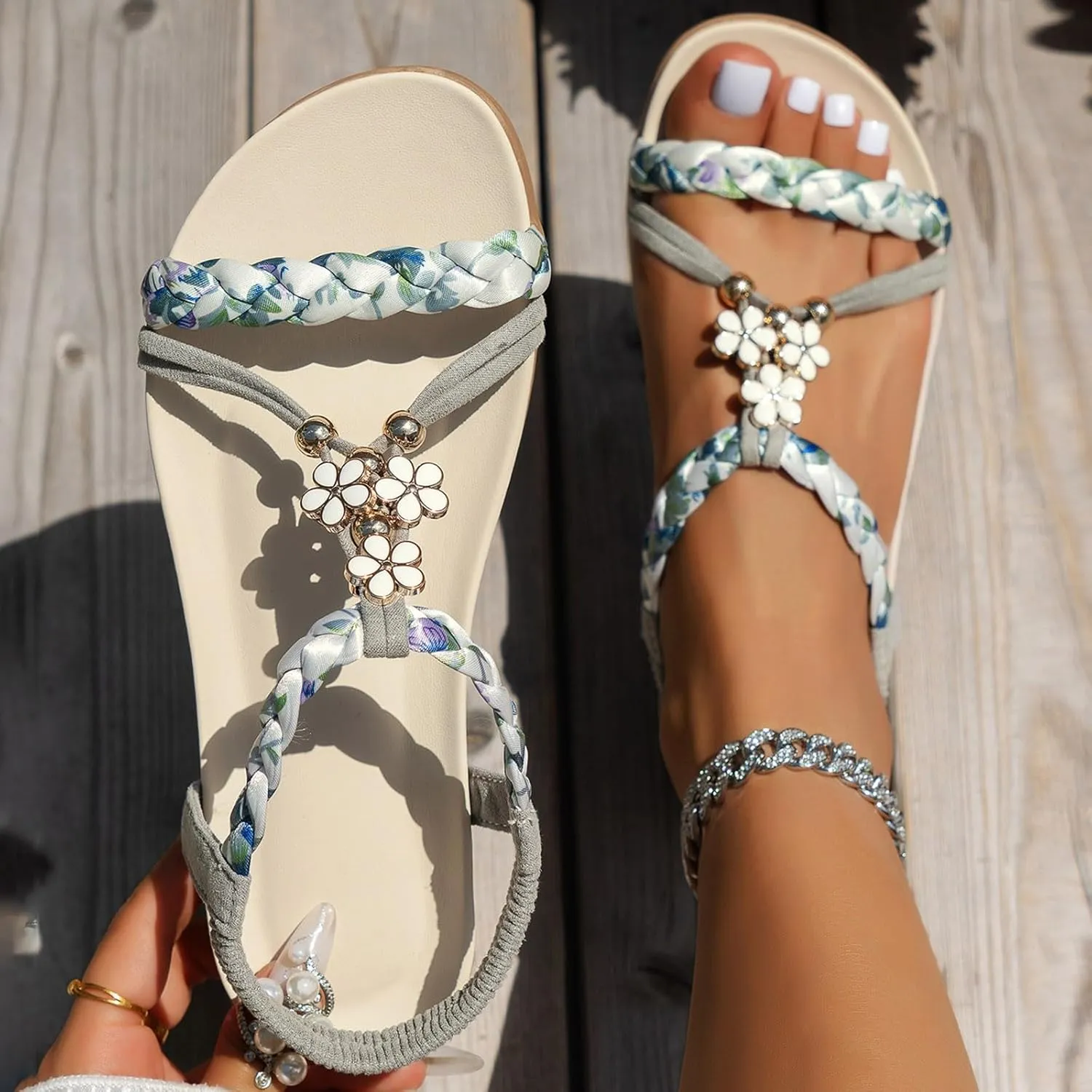 SuanlaTDS Women's Flat Sandals Comfortable Dressy Elastic Ankle Strap Slip-on Orthopedic 2025 Summer Casual Beach Shoes Thick Sole Bohemian Open Toe Walking Party Outdoor Slides Sandal