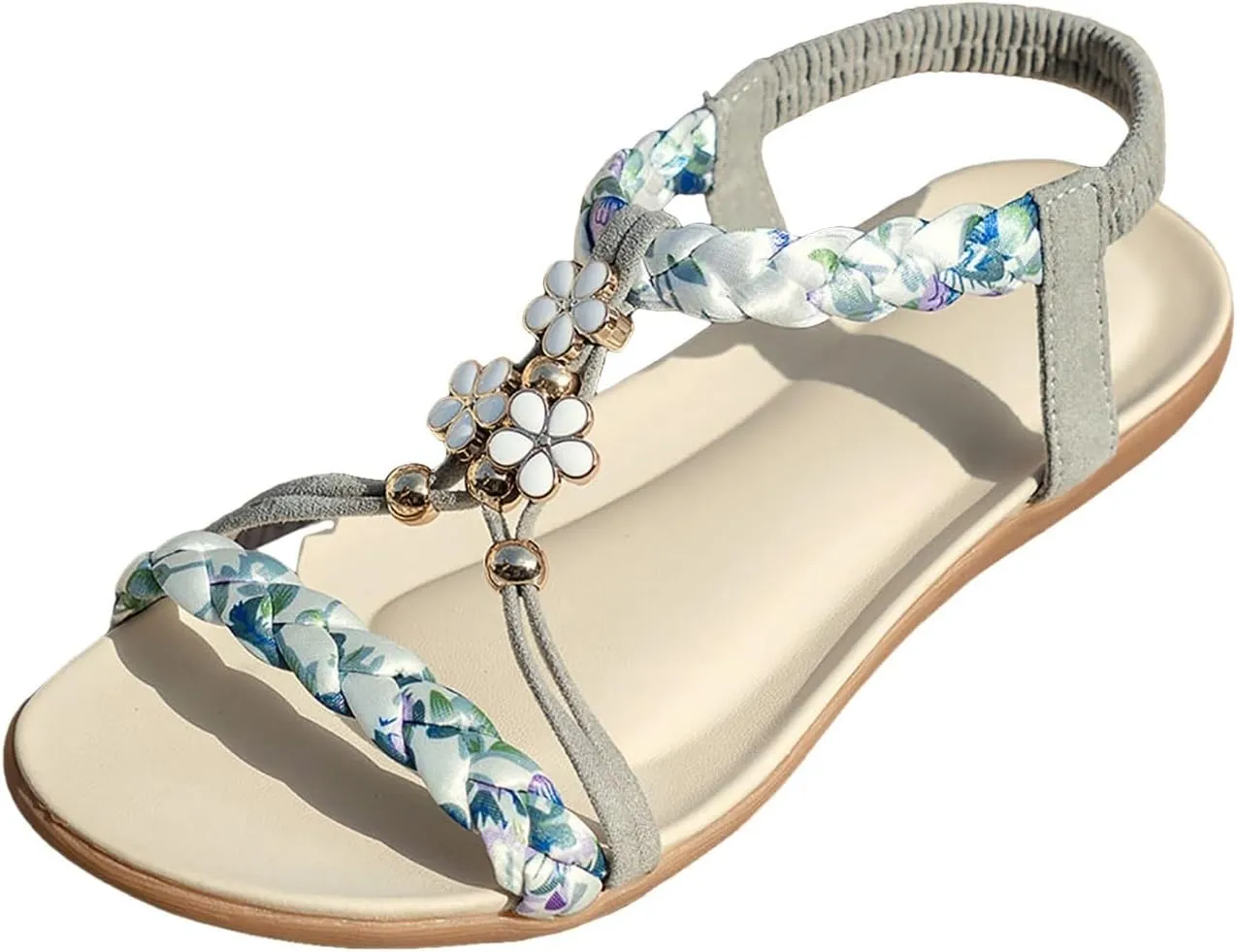 SuanlaTDS Women's Flat Sandals Comfortable Dressy Elastic Ankle Strap Slip-on Orthopedic 2025 Summer Casual Beach Shoes Thick Sole Bohemian Open Toe Walking Party Outdoor Slides Sandal