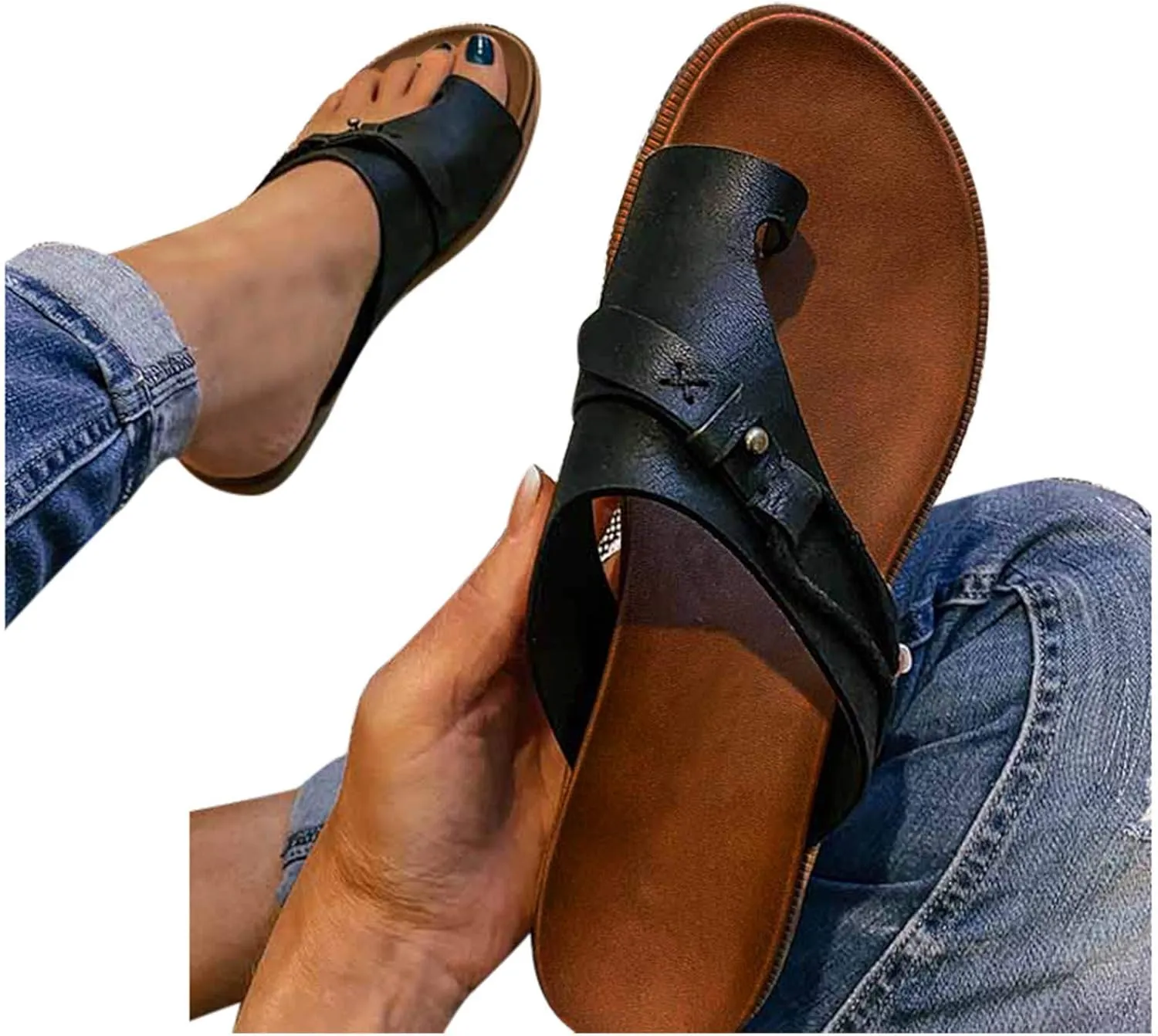 Summer Flats Women Dressy Split-Toe Flat Slide 2024 Ring Loop Strap Flip Flops Lightweight Orthopedic Sandals
