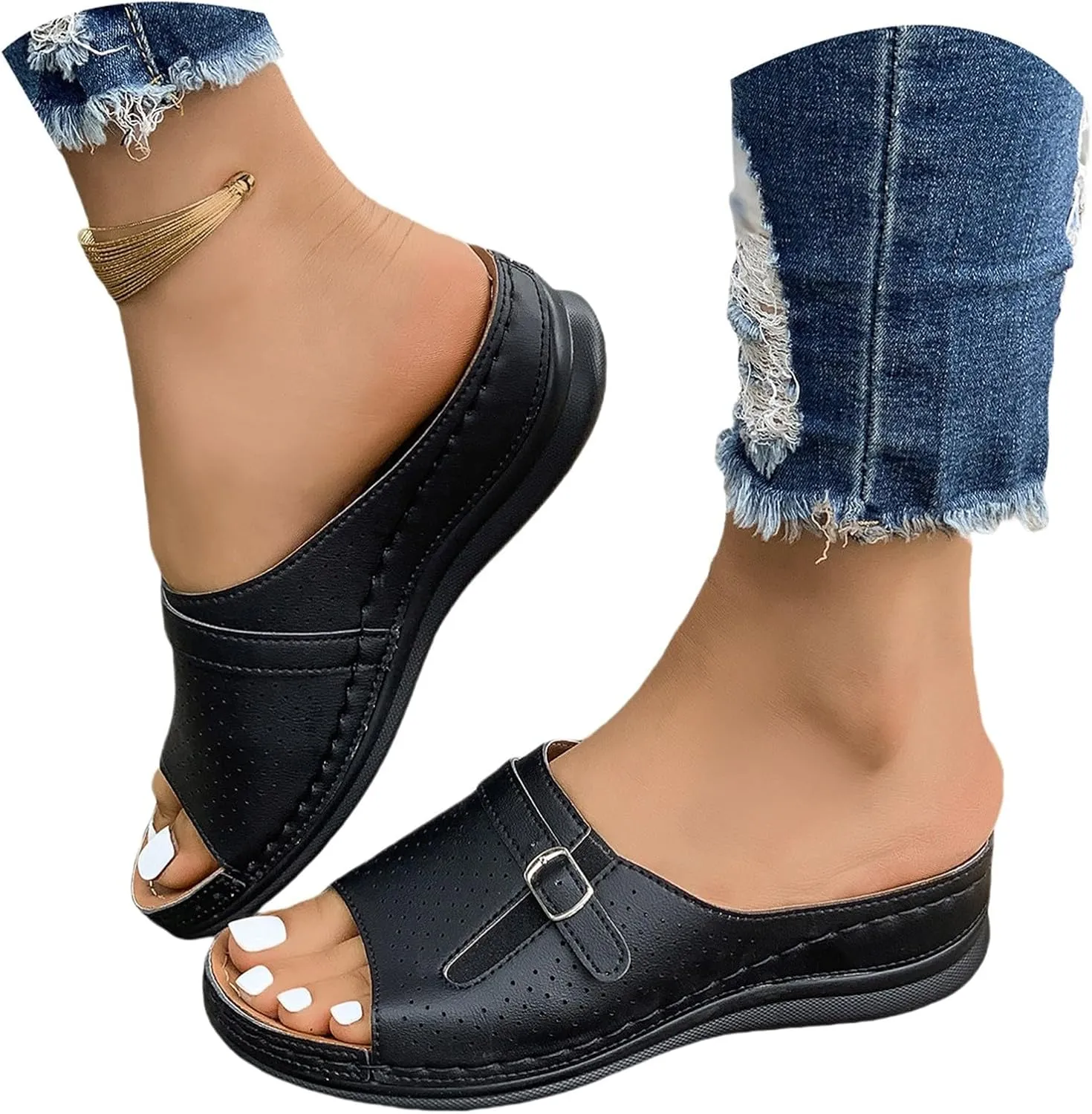 Summer Sandals for Women 2025 Platform Wedge Comfortable Arch Support Slides Open Toe Wide Width Orthotic Leather Sandals