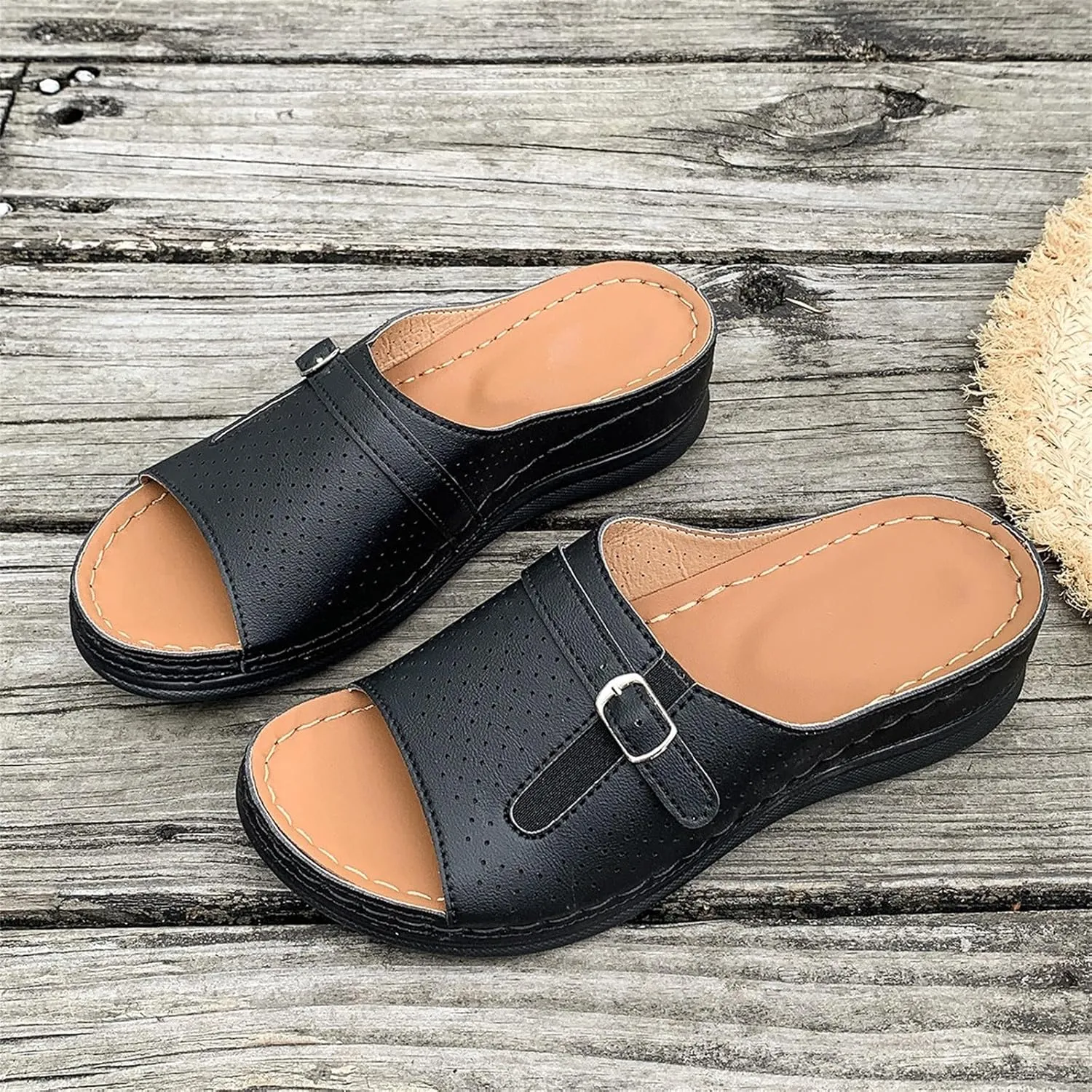 Summer Sandals for Women 2025 Platform Wedge Comfortable Arch Support Slides Open Toe Wide Width Orthotic Leather Sandals