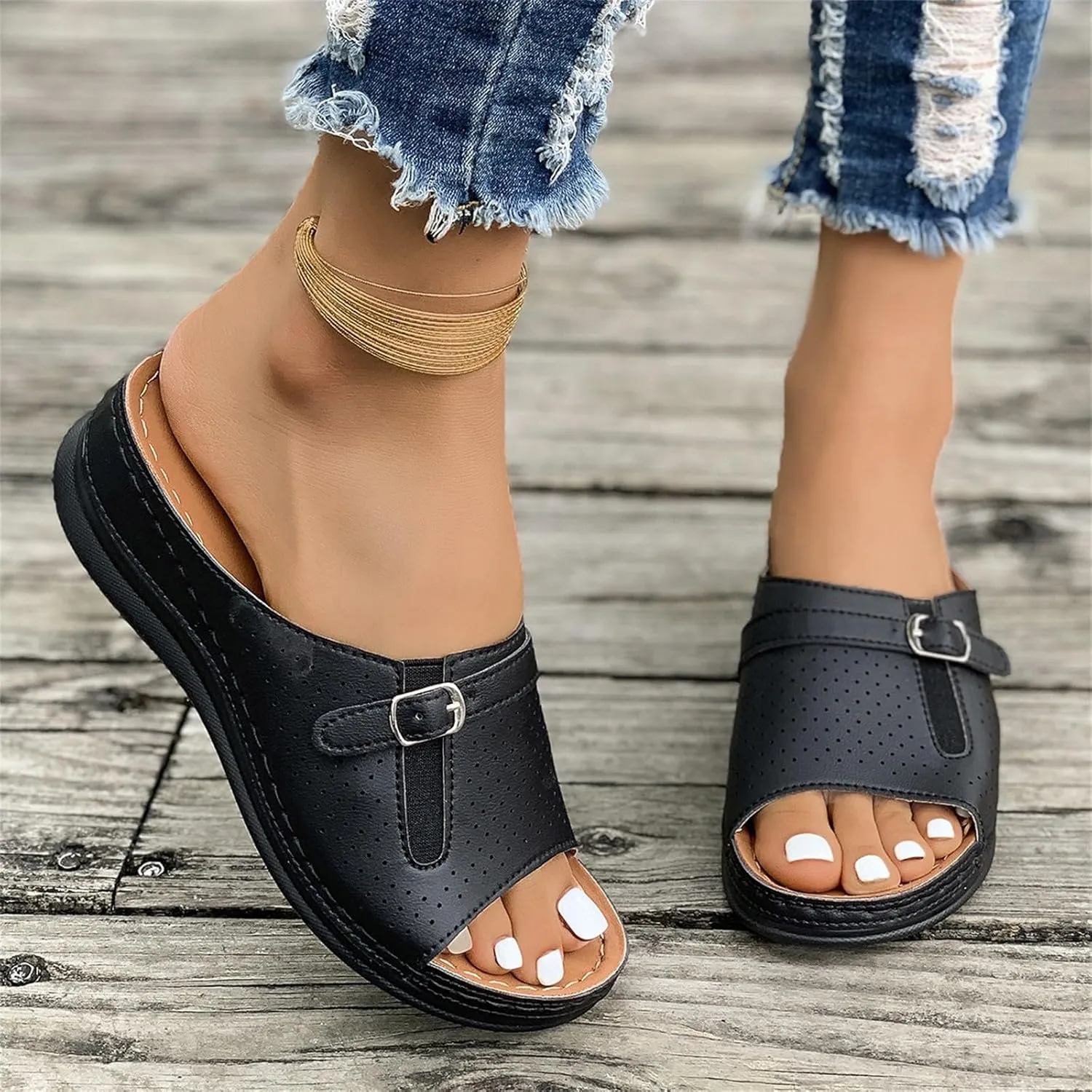 Summer Sandals for Women 2025 Platform Wedge Comfortable Arch Support Slides Open Toe Wide Width Orthotic Leather Sandals