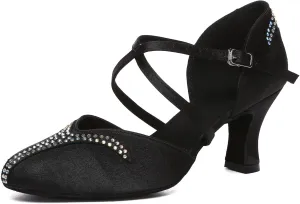 TangDao Womens Latin Dance Shoes Closed Toe Rhinestones Satin Dance Shoes Heeled Party Salsa Ballroom Dance Shoes Indoor