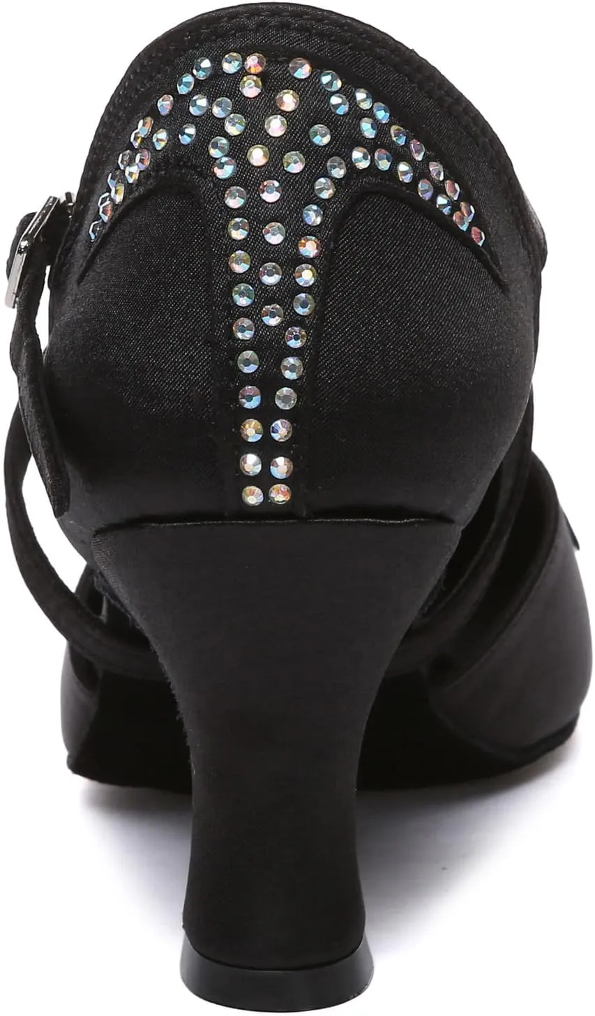TangDao Womens Latin Dance Shoes Closed Toe Rhinestones Satin Dance Shoes Heeled Party Salsa Ballroom Dance Shoes Indoor
