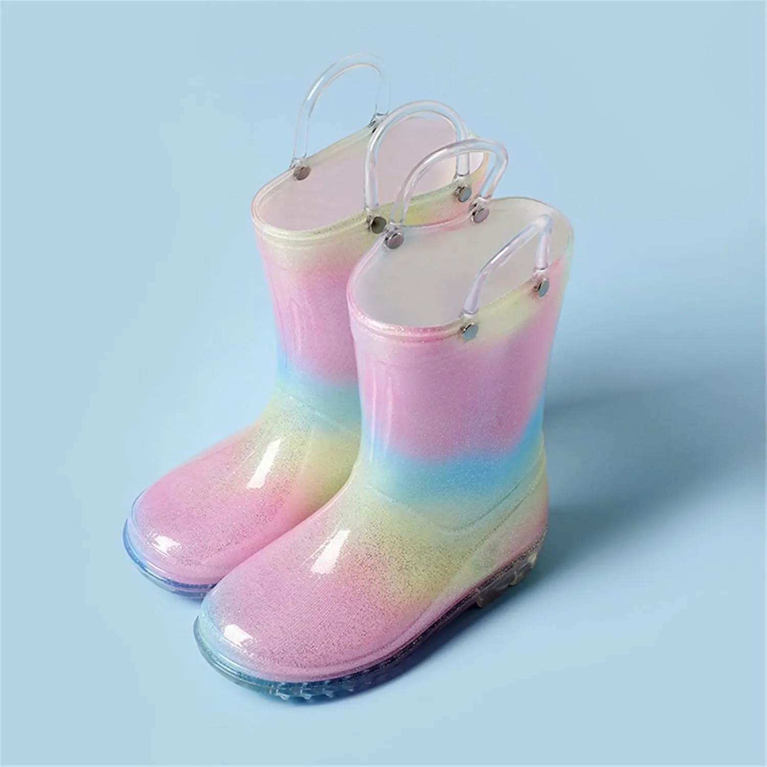 Toddler Colorful Rain Boots Baby Kids Short Mud Rubber Boots for Boys Girls Non-Slip Soft Rubber Sole with Handles
