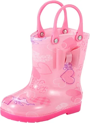 Toddler Kids Rain Boots Boys Girls Cute Printed Waterproof Anti-Slip Rainboot Easy On Outdoor Shoes with Handles